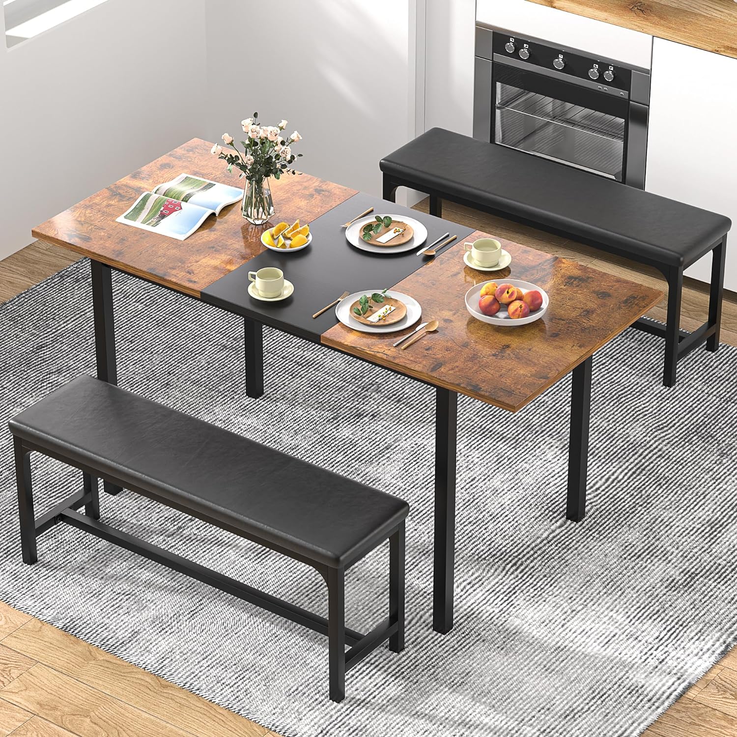 VECELO 3-Piece 63" Extendable Kitchen Table with Benches - VECELO