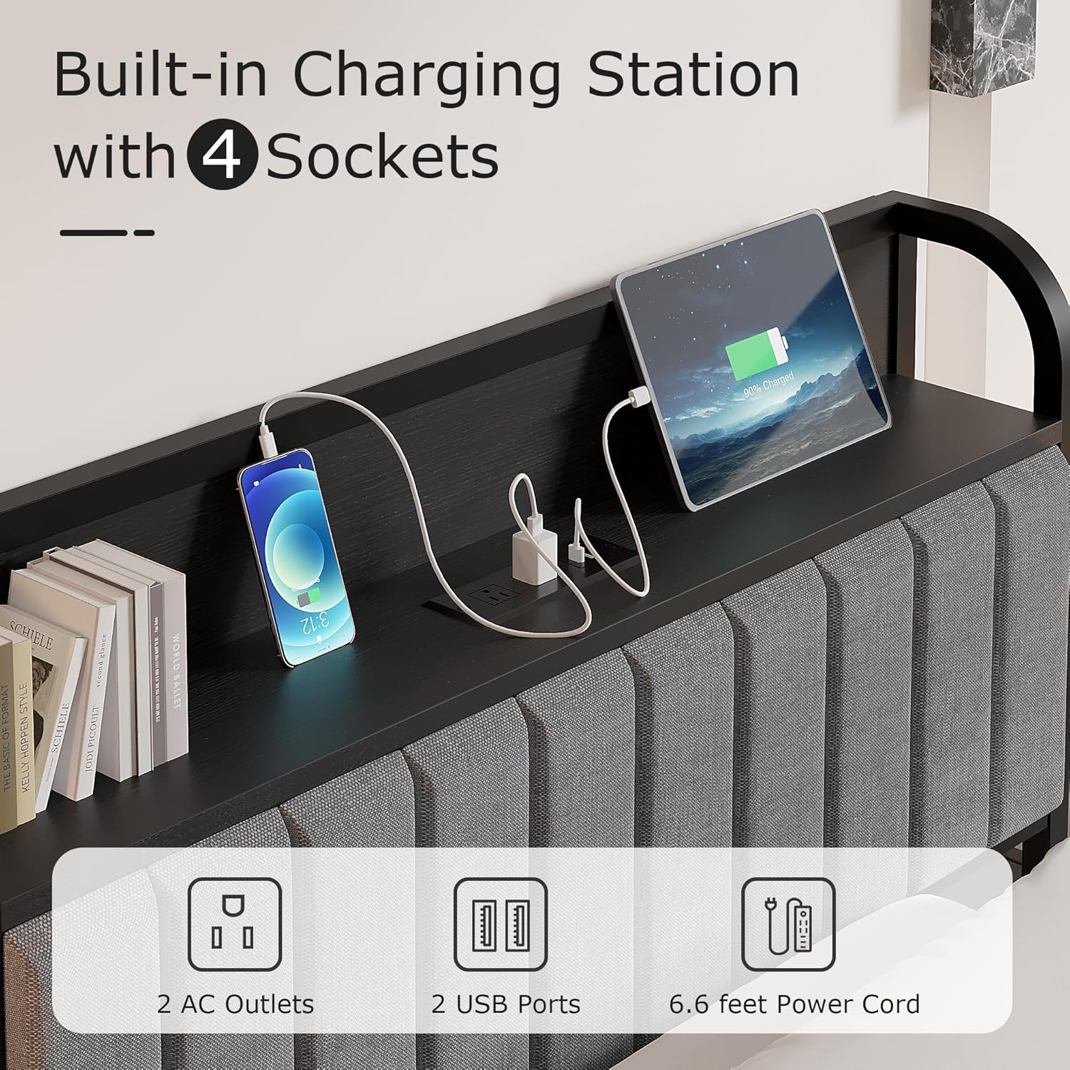 VECELO Twin Bed Frame, Storage Upholstered Headboard with Charging Station