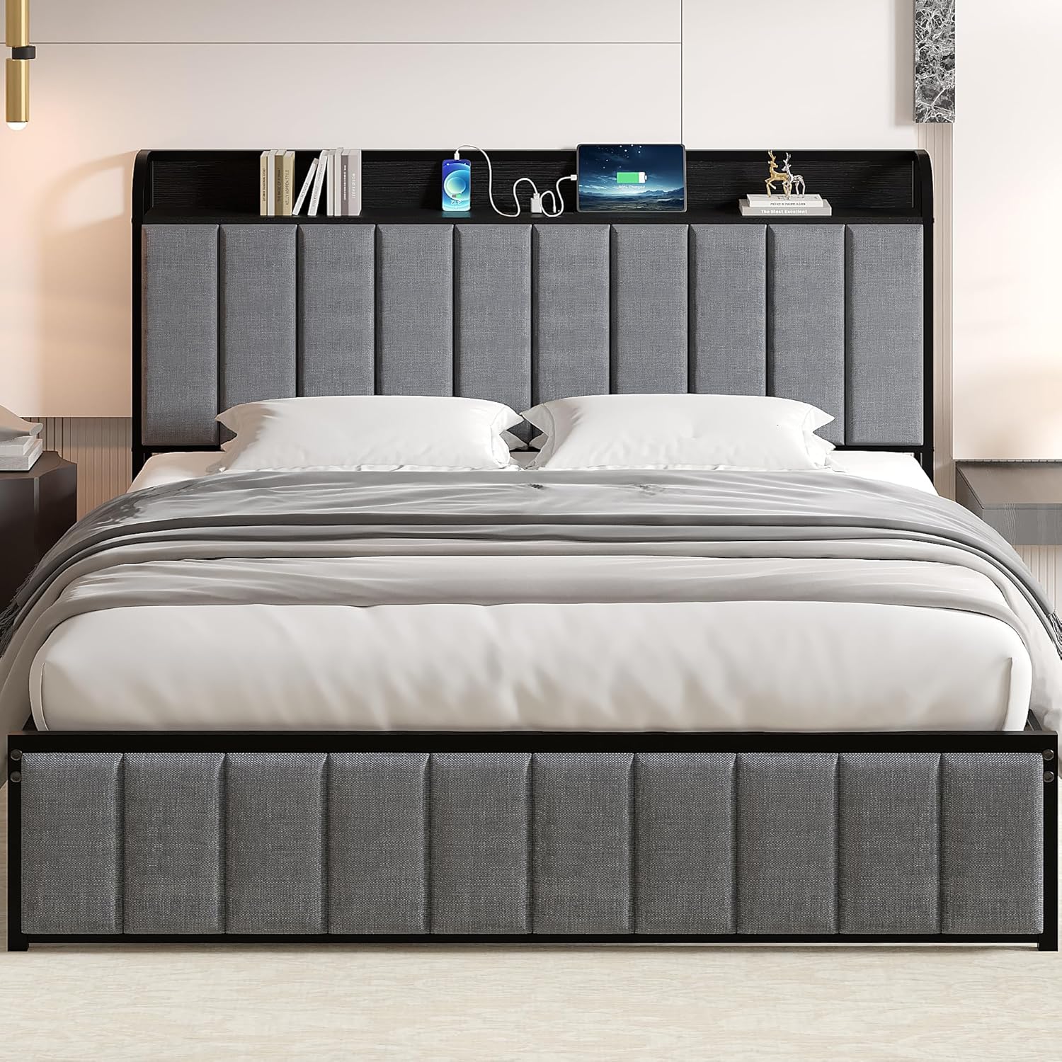 VECELO Twin Bed Frame, Storage Upholstered Headboard with Charging Station