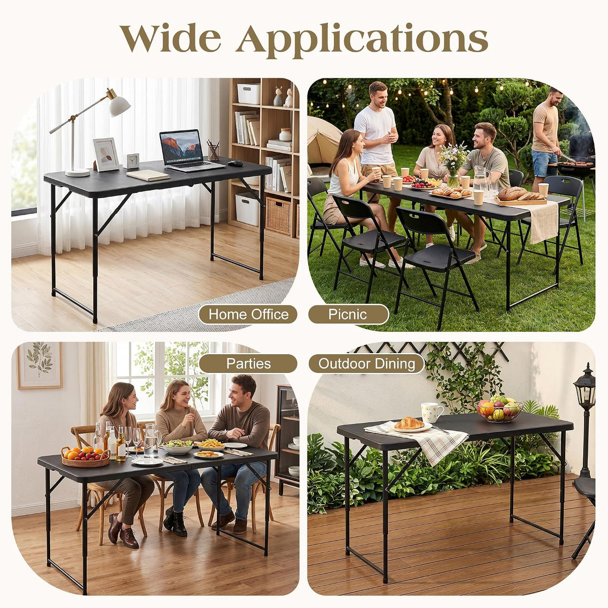 VECELO Folding Table 4 Ft, 3 Adjustable Height