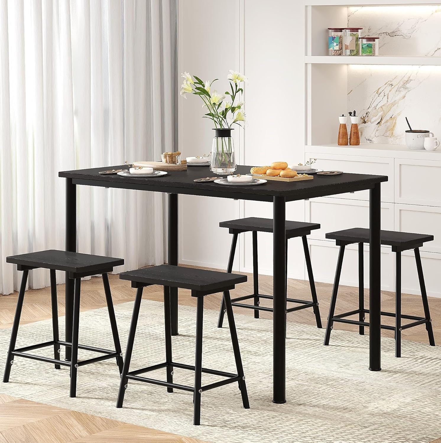 VECELO 5-Piece Dining Table Set Metal and Wood Kitchen Furniture with 4 Stools