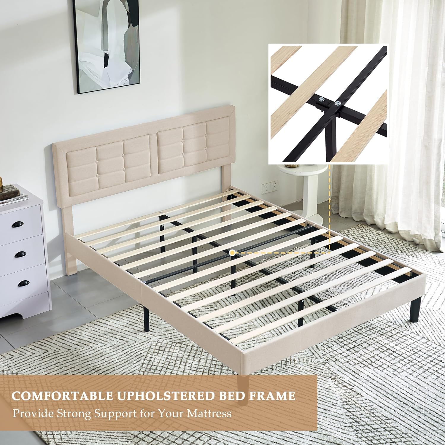 VECELO Upholstered Platform Bed Frame with Height Adjustable Headboard