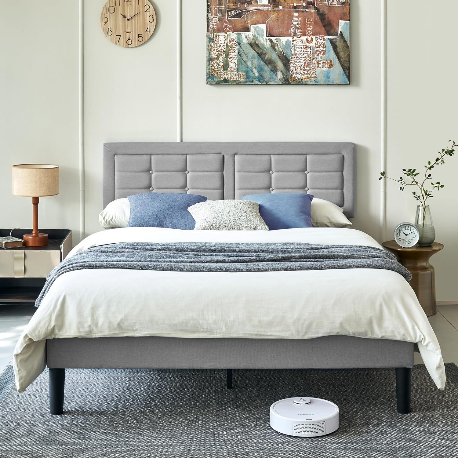 VECELO Upholstered Platform Bed Frame with Height Adjustable Headboard