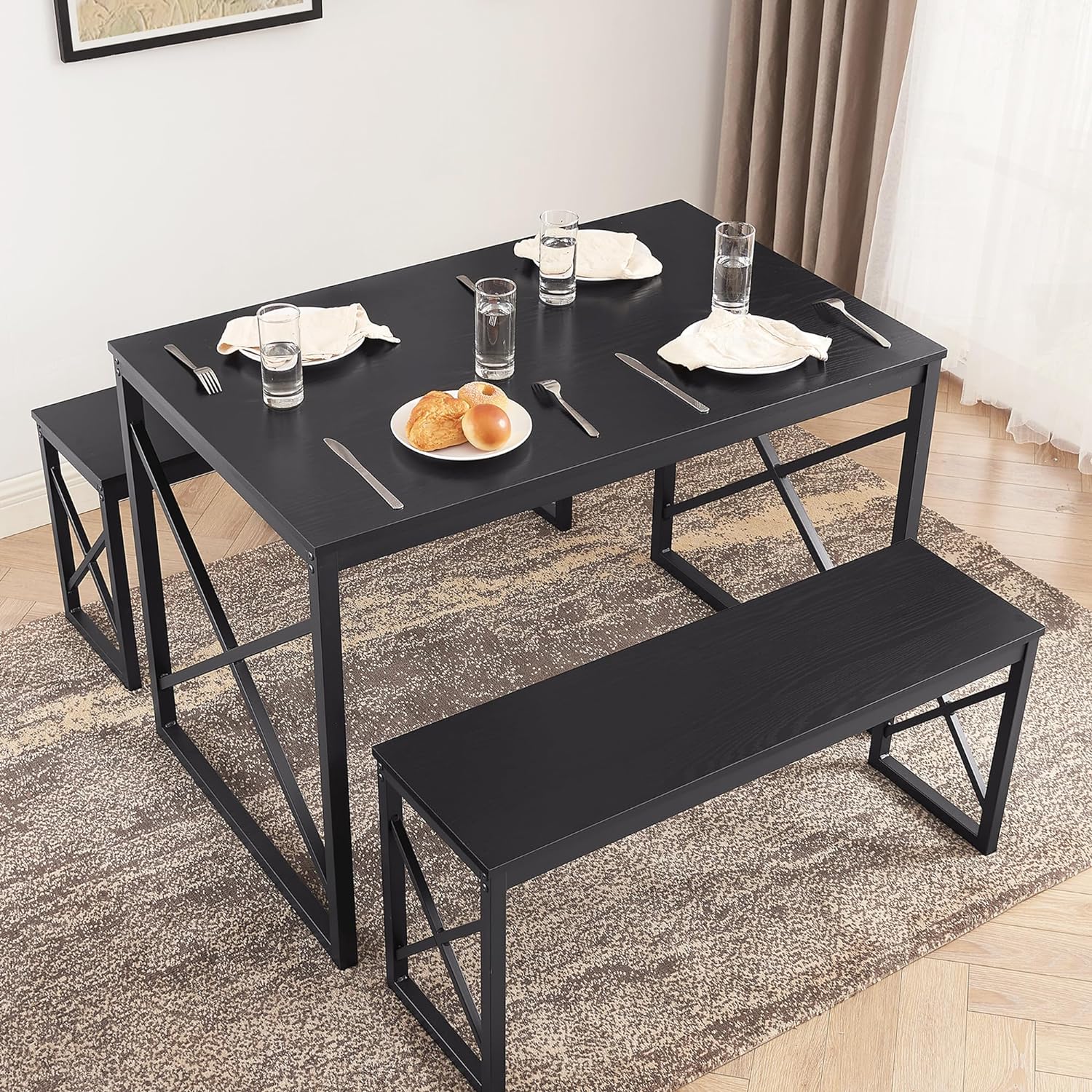 VECELO Kitchen Table with 2 Benches for 4