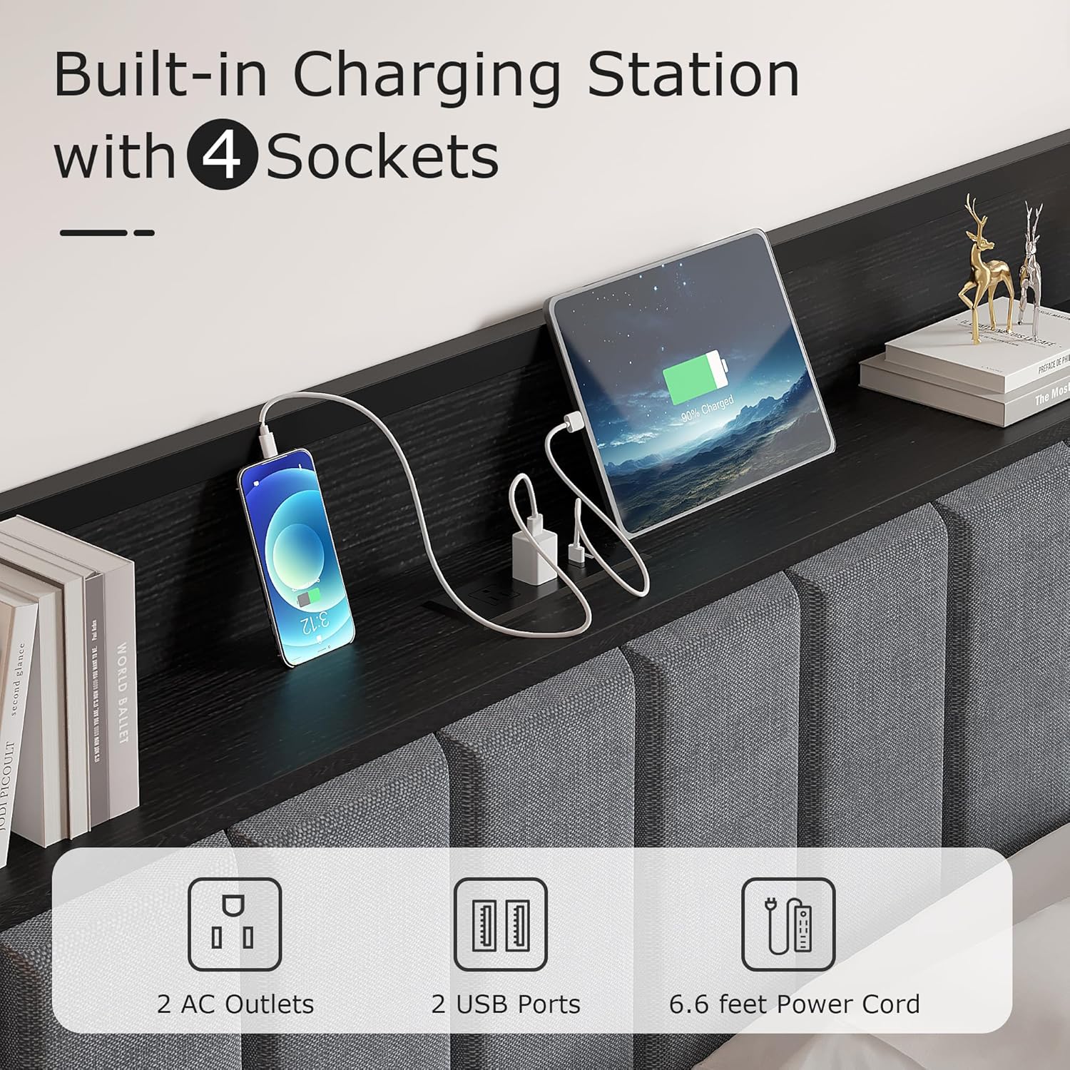 VECELO Twin Bed Frame, Storage Upholstered Headboard with Charging Station