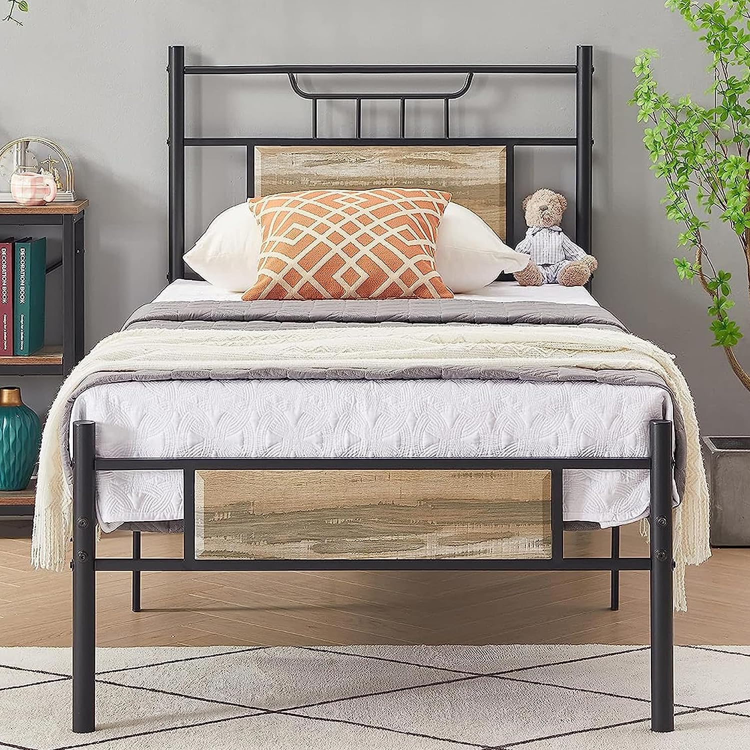 VECELO Platform Bed Frame with Wood Headboard No Box Spring Needed Heavy Duty Steel Slat