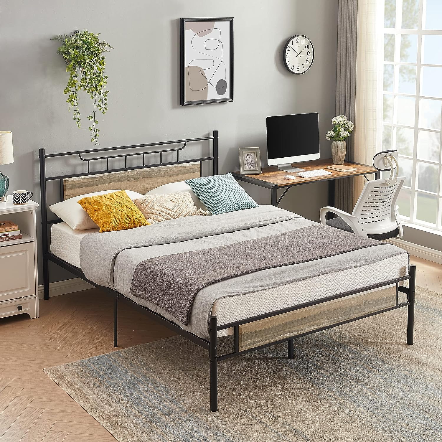 VECELO Platform Bed Frame with Wood Headboard No Box Spring Needed Heavy Duty Steel Slat