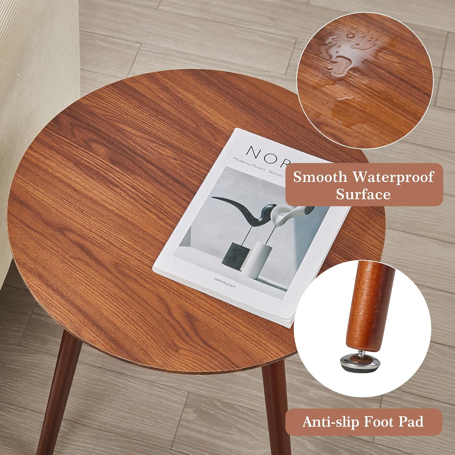 VECELO Round Wooden Side End Table with Adjustable Foot for Indoor Outdoor