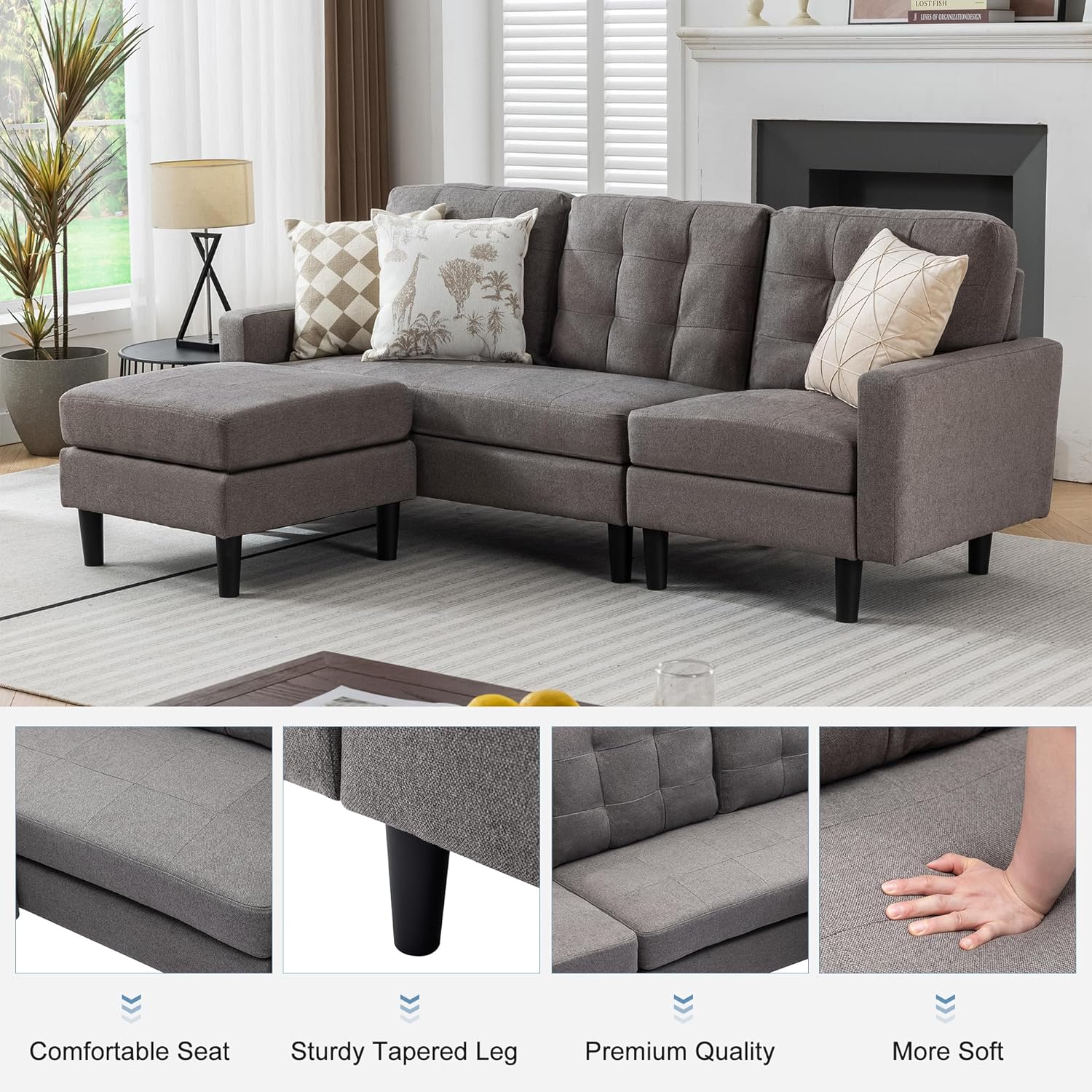 VECELO Convertible Sectional Sofa Modern Linen Fabric L-Shaped Couch with Reversible Chaise - VECELO