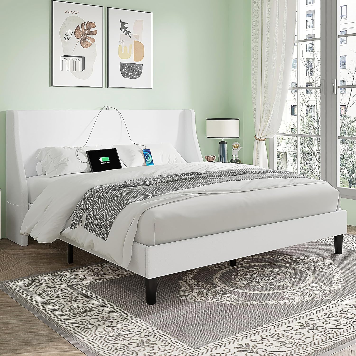 VECELO Bed Frame with Upholstered Wingback Headboard
