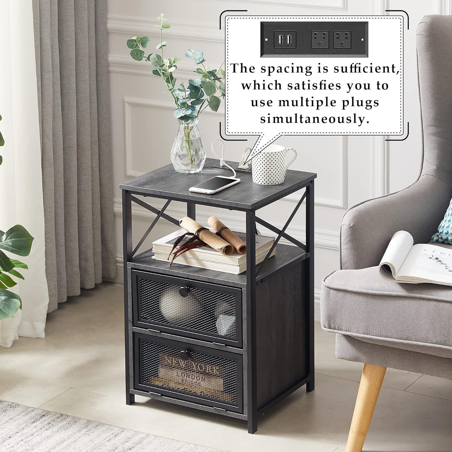VECELO End Table with USB Ports and Outlets,1 Pack/2 Packs