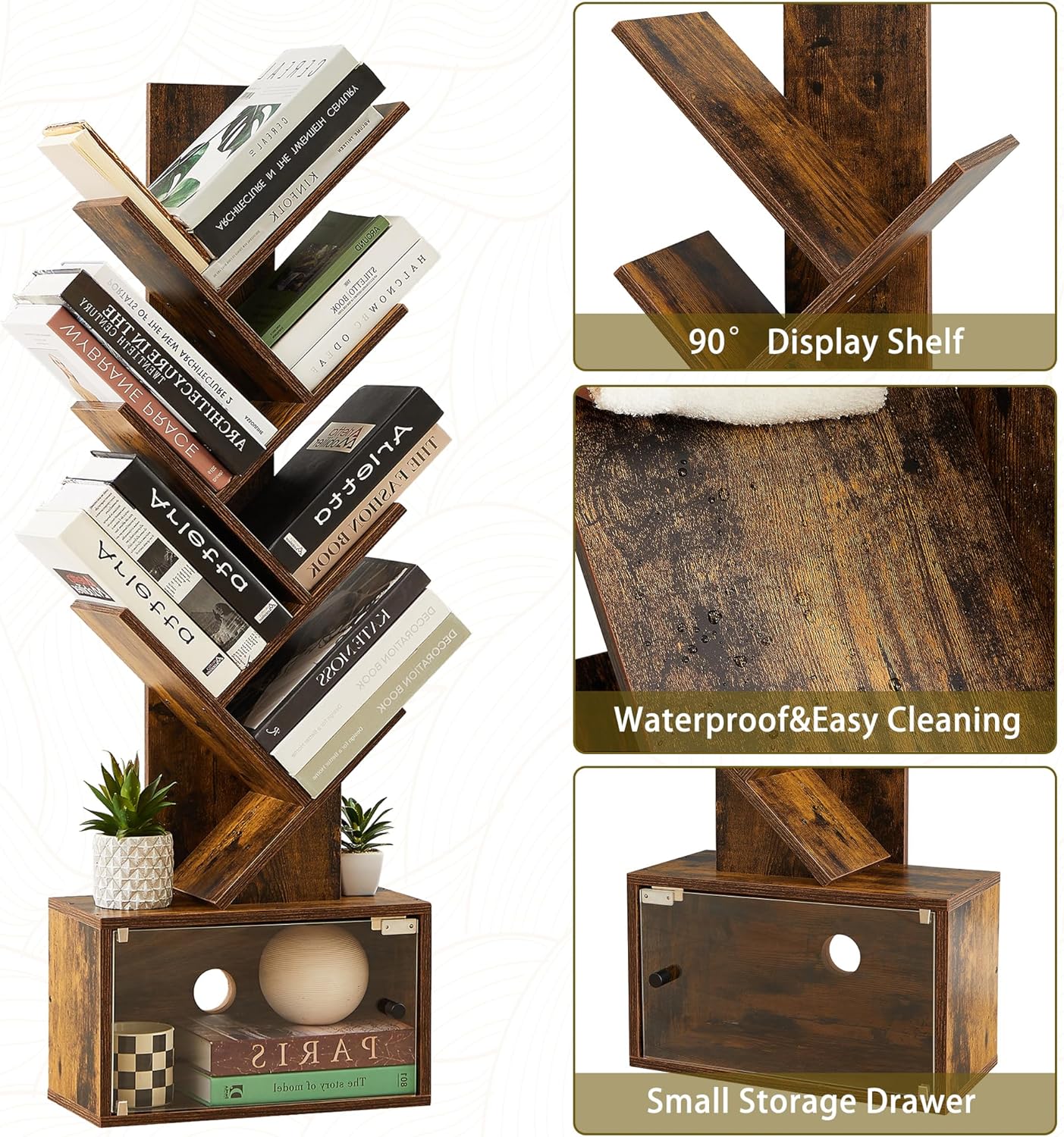 VECELO Tree Bookshelf, 7-Tier Tree Bookcase Wood Shelves Display with Storage Cabinet