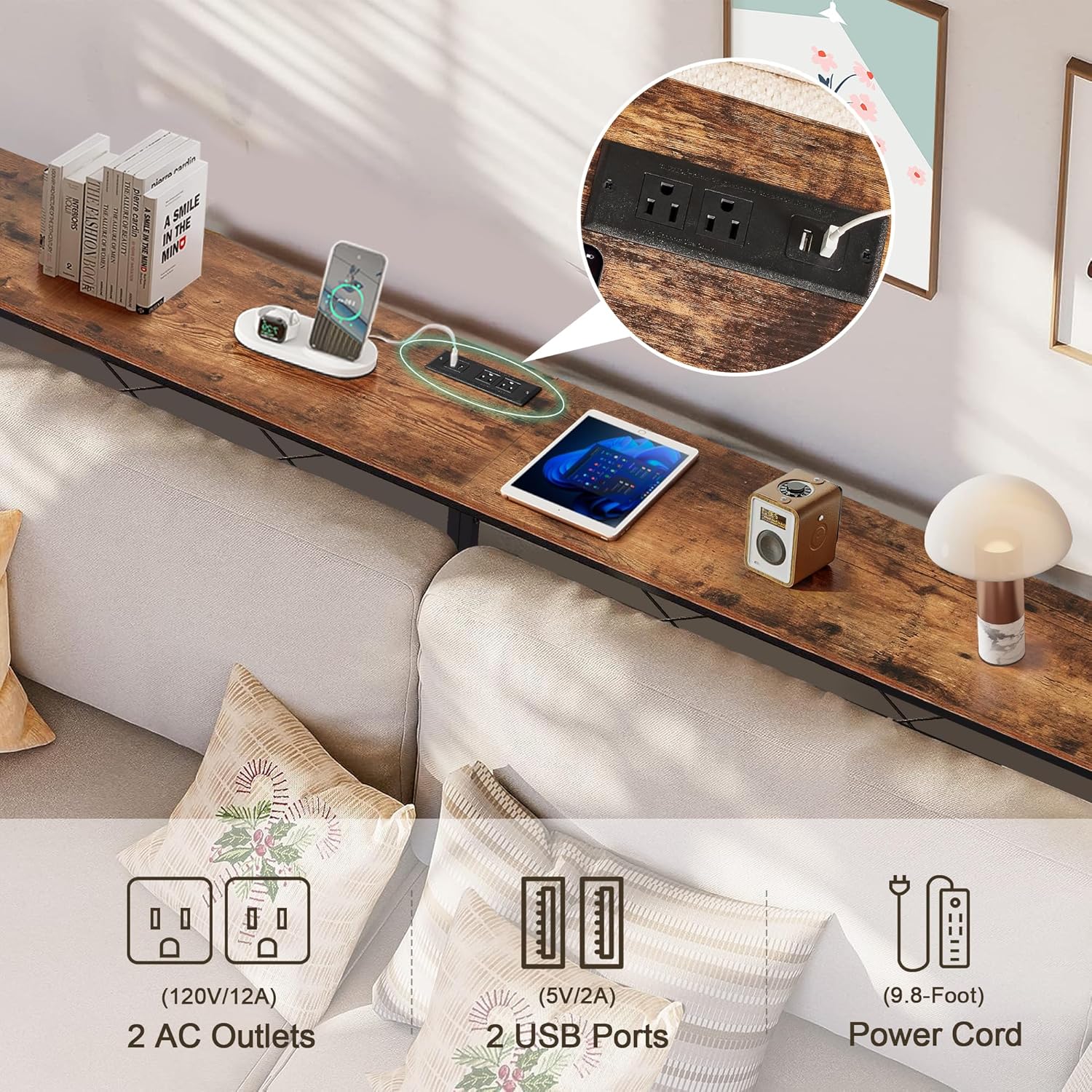 VECELO 11.8" Skinny Behind Sofa Console Table with Charging Station