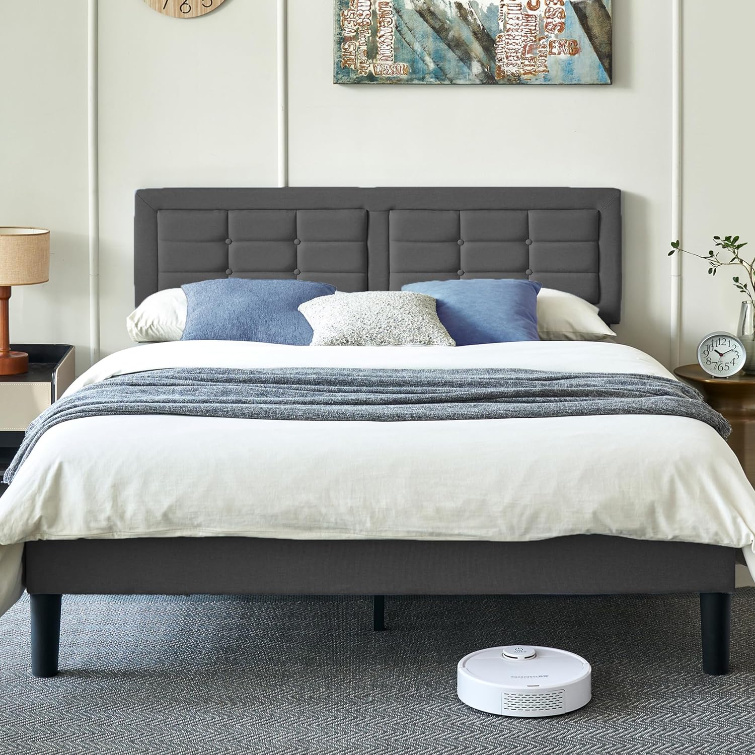 VECELO Upholstered Platform Bed Frame with Height Adjustable Headboard