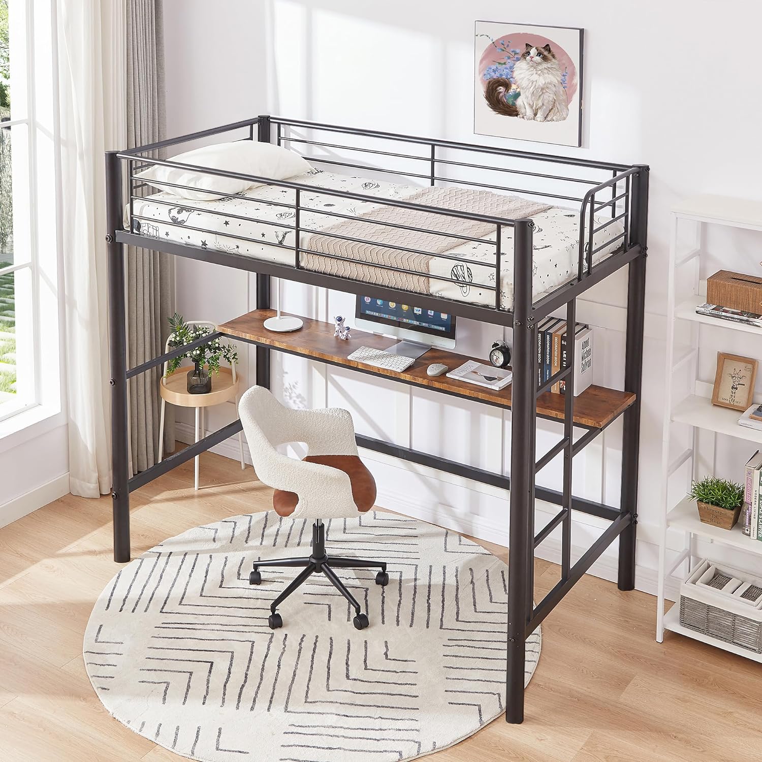 VECELO Metal Twin Size Loft Bed with Desk