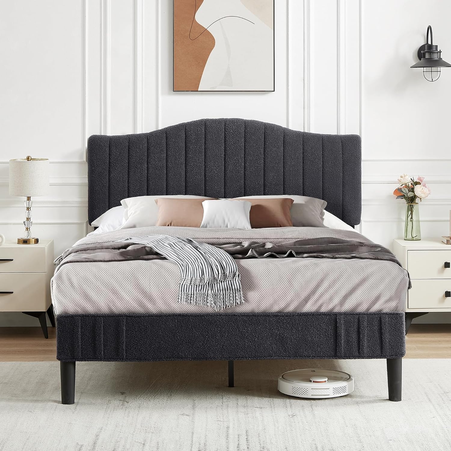 VECELO Upholstered Platform Bed Frame with Sheepskin Fabric Adjustable Headboard/Strong Wood Slats Supports