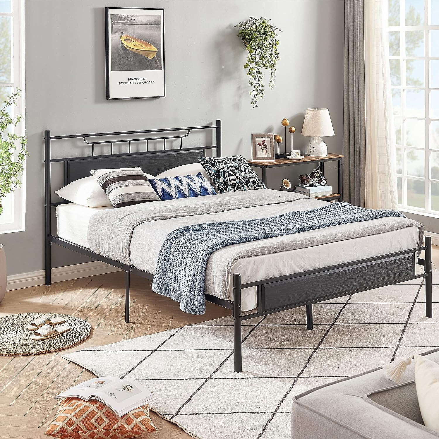 VECELO Platform Bed Frame with Wood Headboard No Box Spring Needed Heavy Duty Steel Slat