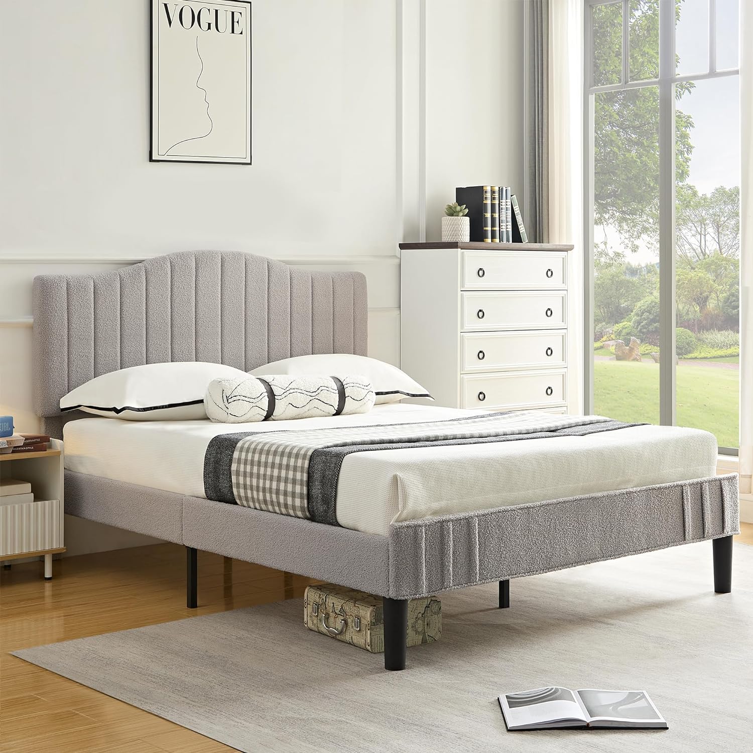VECELO Upholstered Platform Bed Frame with Sheepskin Fabric Adjustable Headboard/Strong Wood Slats Supports