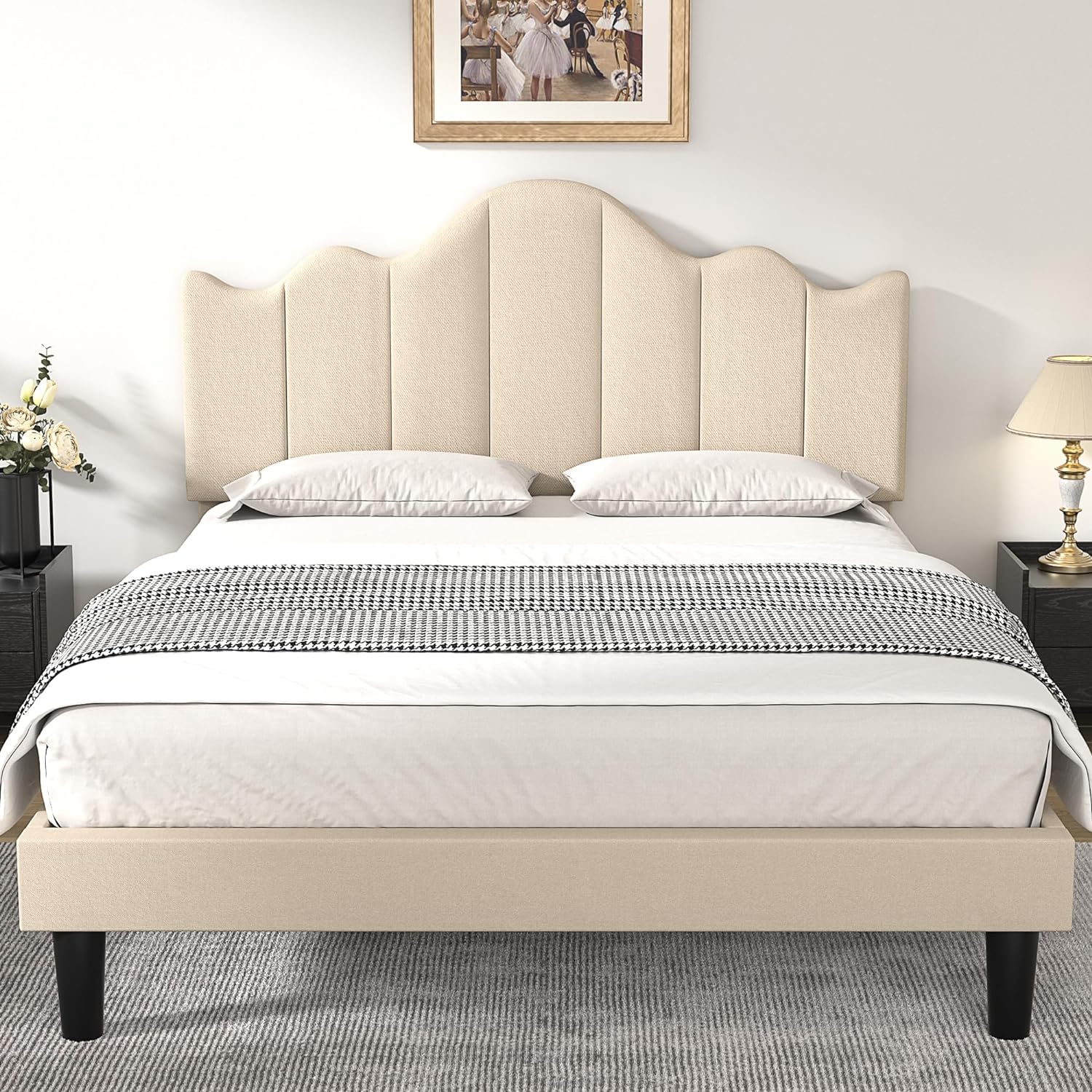VECELO Upholstered Platform Bed,Mattress Foundation with Headboard