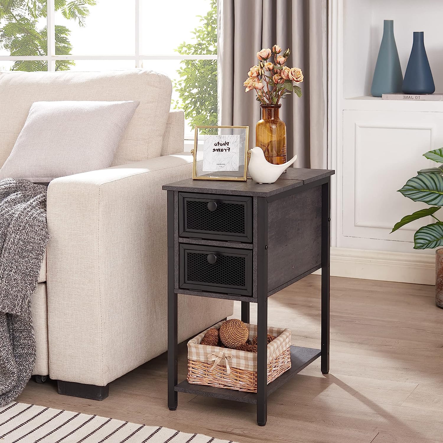 VECELO 24''Tall Flip Top Narrow Side Table with Storage Shelf for Living Room - VECELO