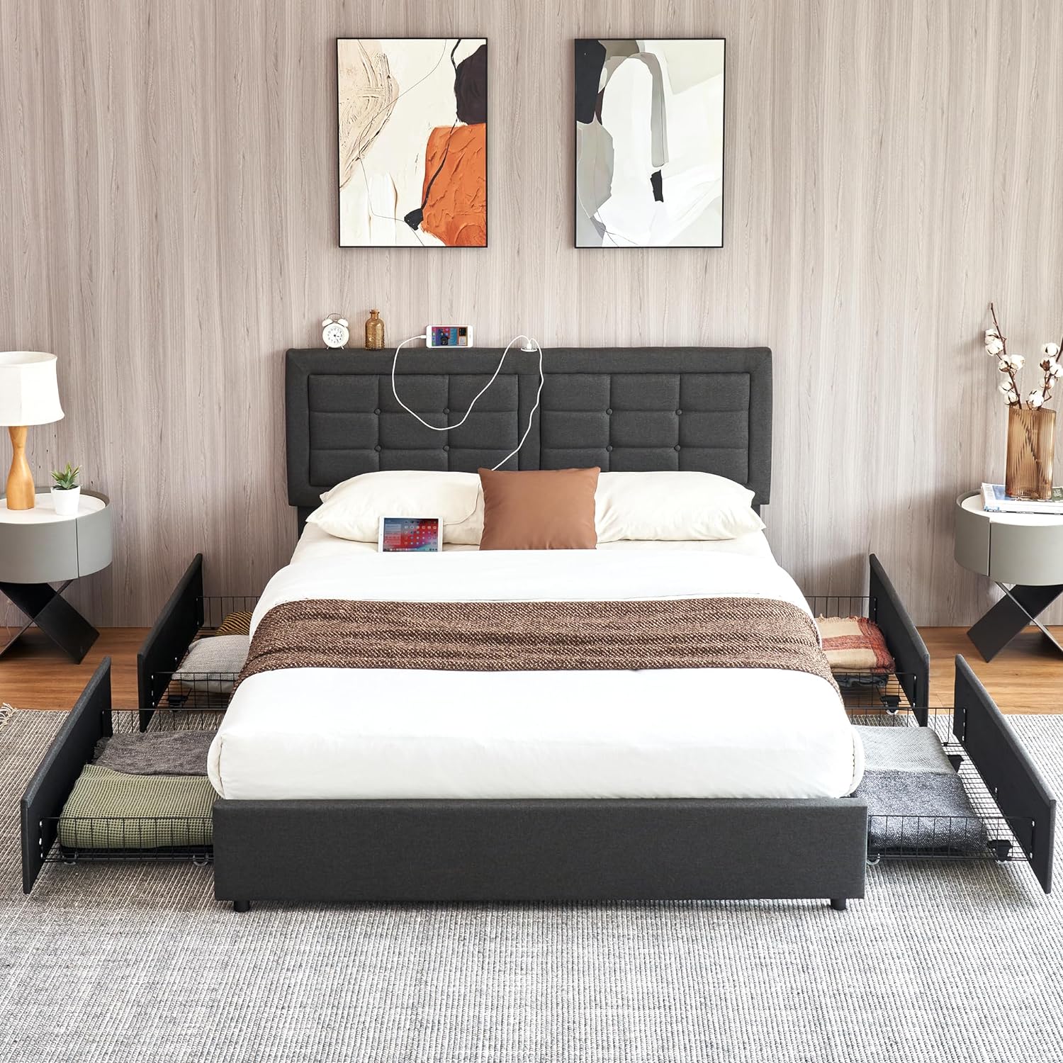 VECELO Bed Frame with 4 Drawers, Adjustable Tufted Button Headboard - VECELO