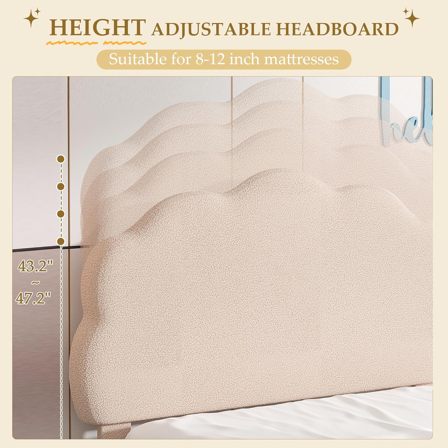 VECELO Twin Size Bed Frame, Upholstered Platform Bedframe with Height Adjustable Plush Fabric Headboard