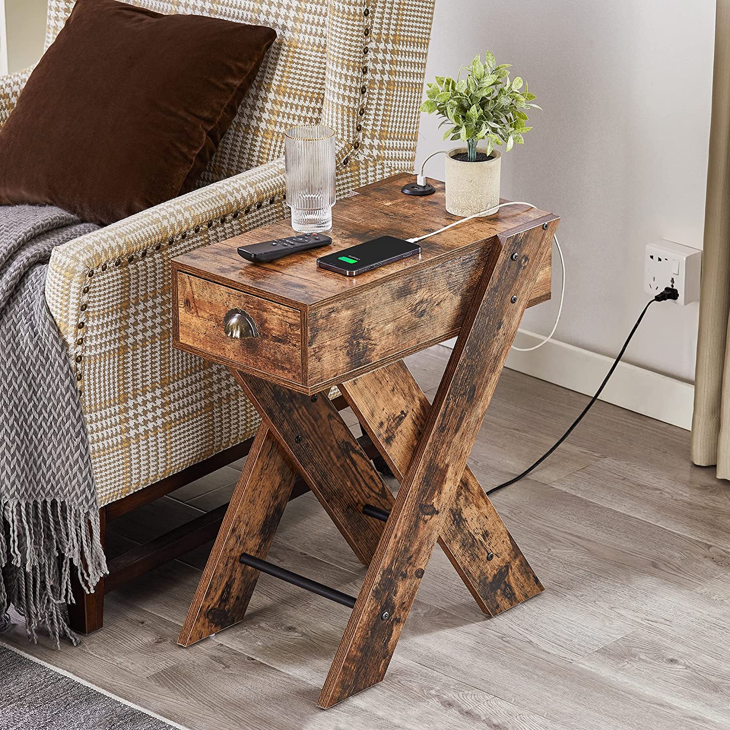 VECELO End Side Table with Charging Station Narrow Nightstand with Drawer& USB Ports