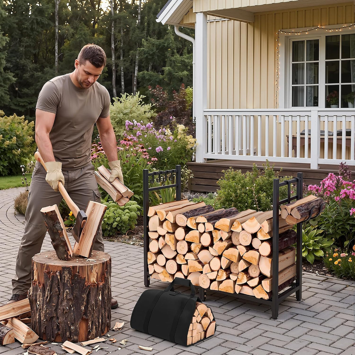 VECELO 34 Inch Firewood Rack with Carrier Bag Heavy Duty Outdoor Wood Rack