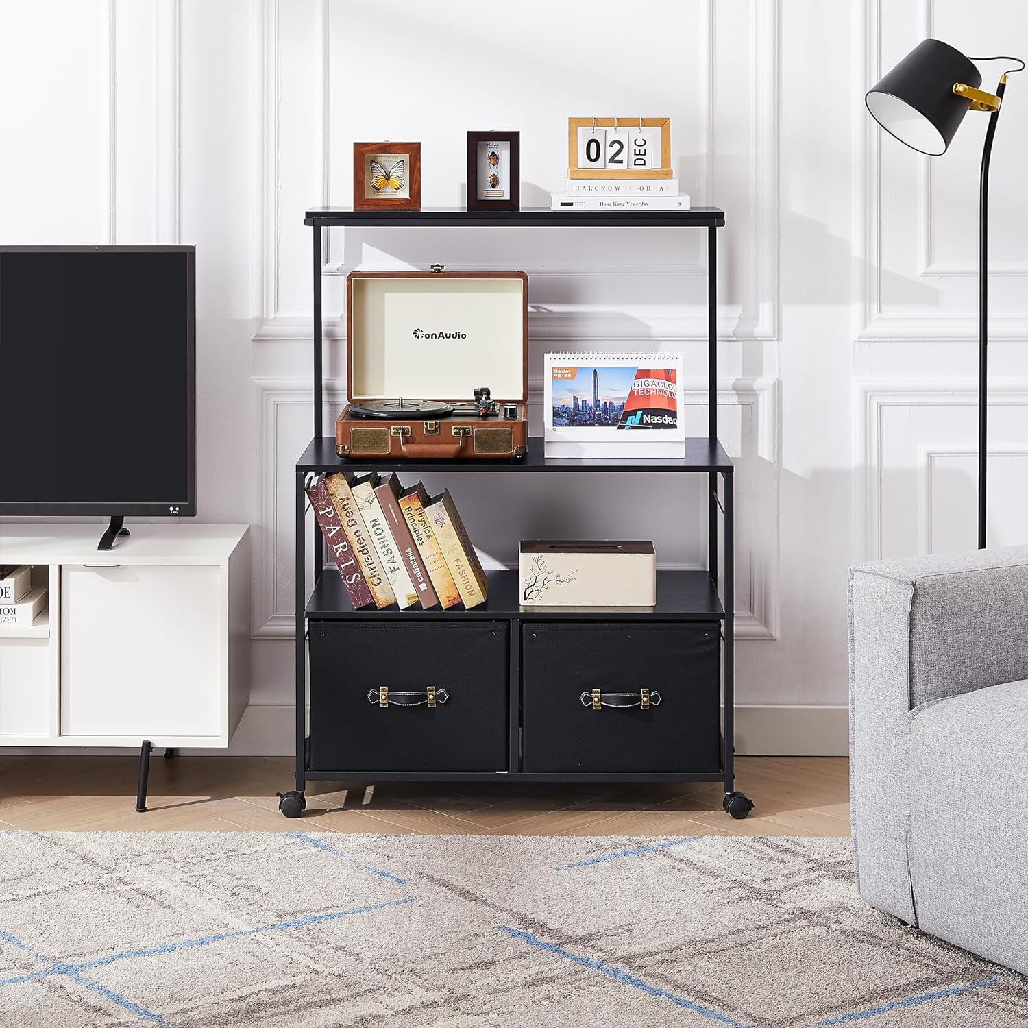 VECELO Lateral File Cabinet with 2 Big Rolling Printer Stand with 3 Open Storage Shelf