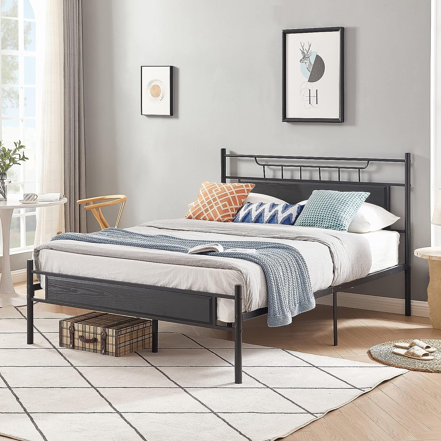 VECELO Platform Bed Frame with Wood Headboard No Box Spring Needed Heavy Duty Steel Slat