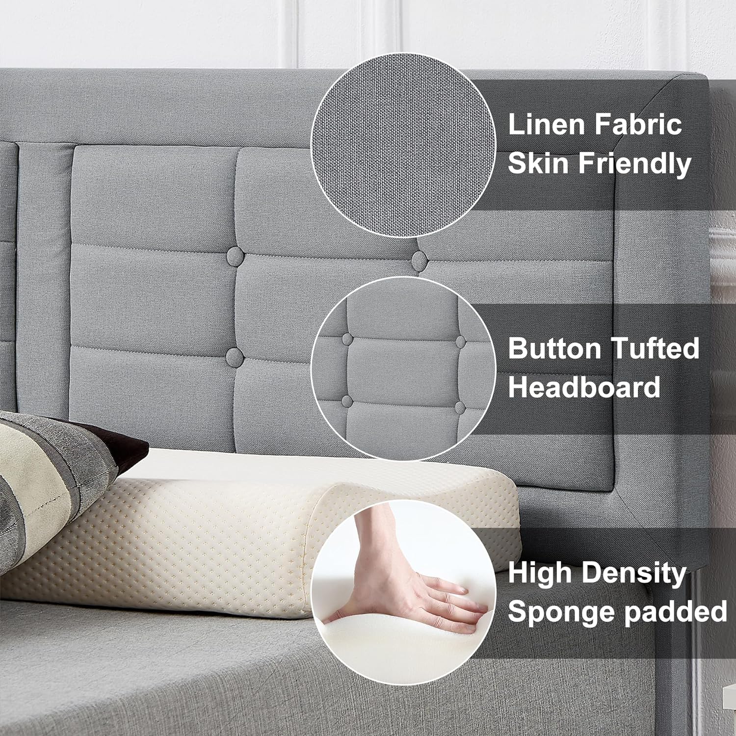 VECELO Upholstered Platform Bed Frame with Height Adjustable Headboard