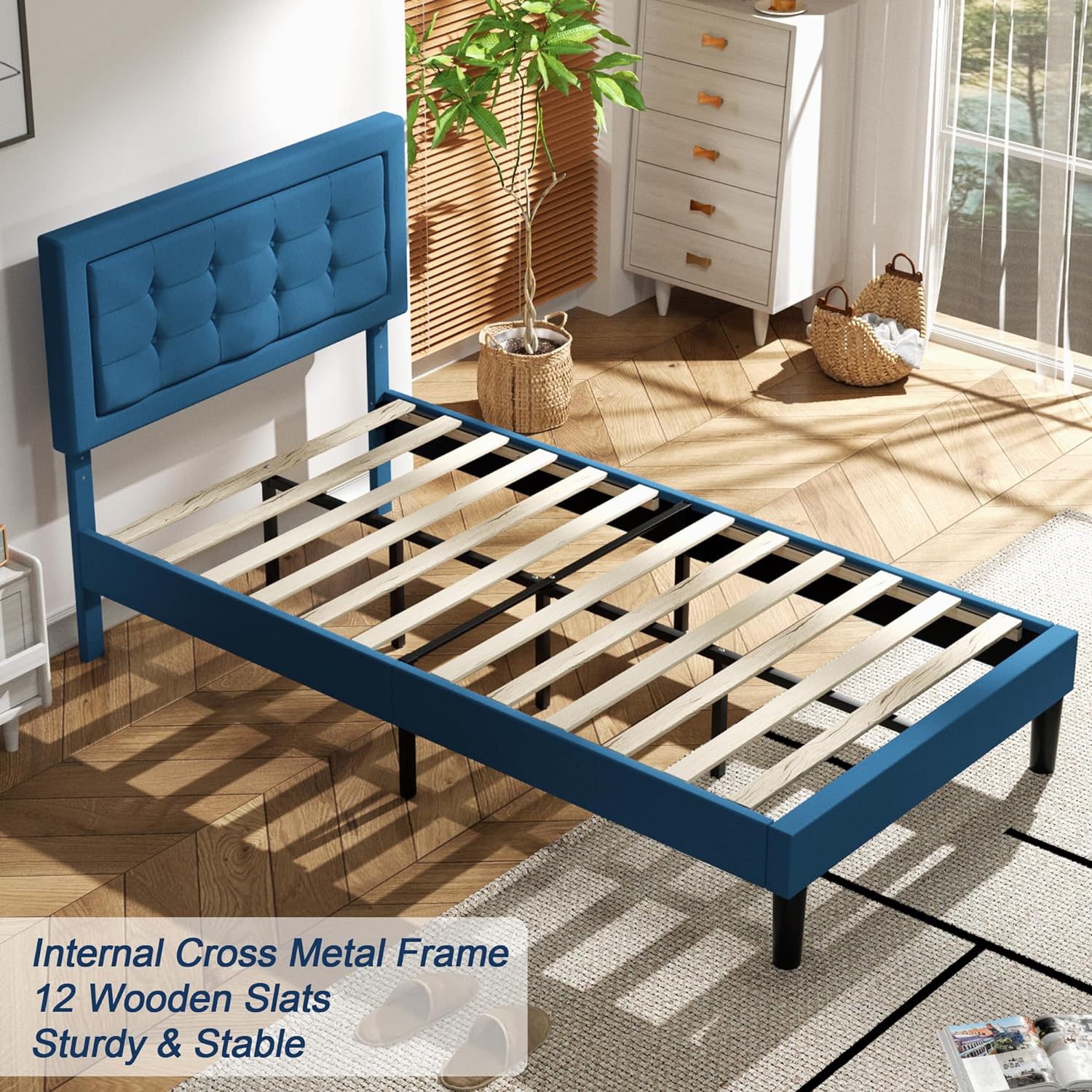 VECELO Upholstered Platform Bed Frame with Height Adjustable Headboard