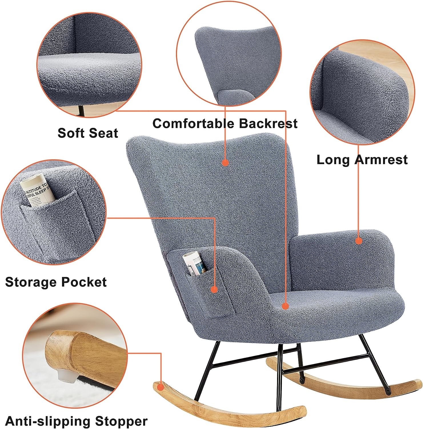 VECELO Rocking Chair, Modern Upholstered Teddy Fabric Nursery Glider