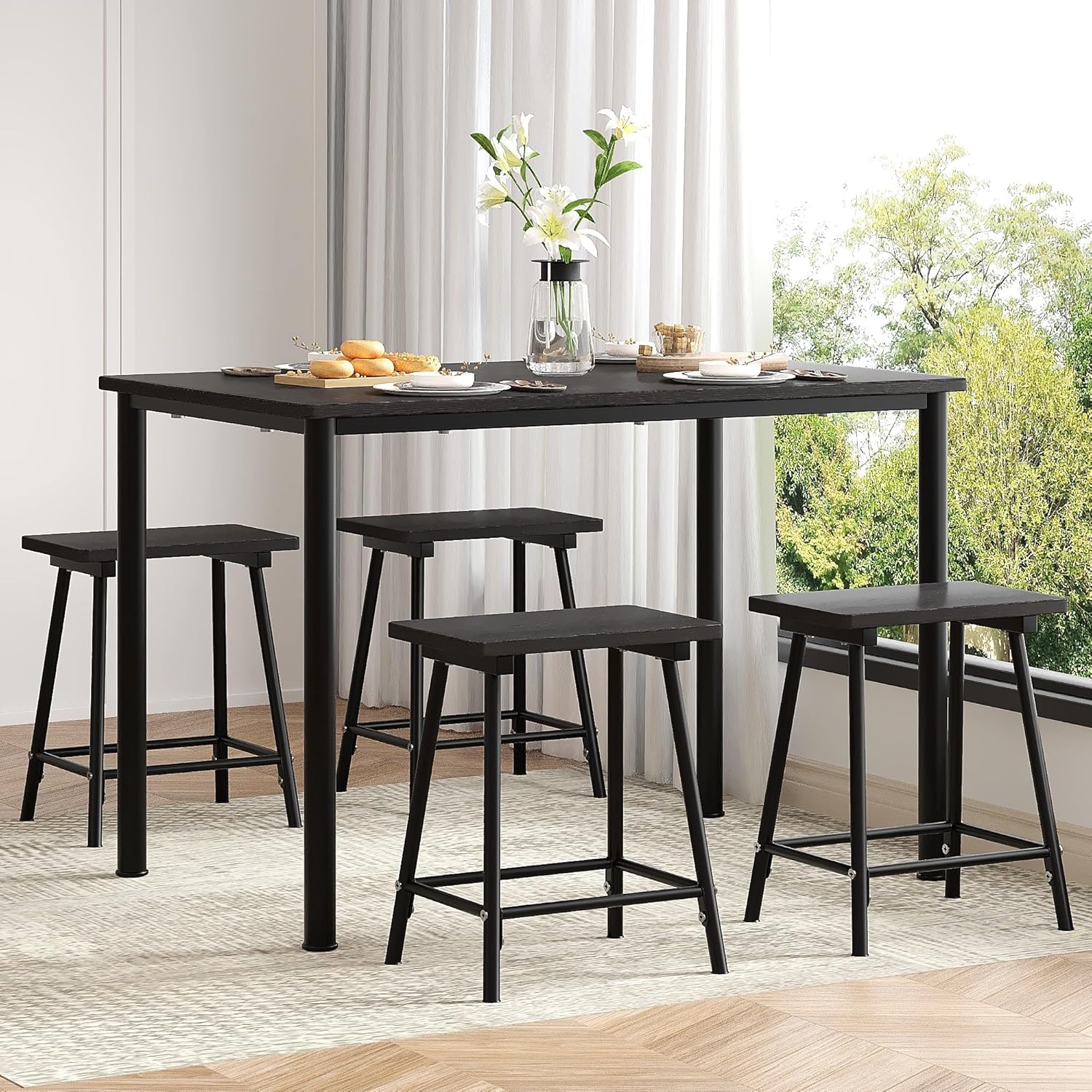VECELO 5-Piece Dining Table Set Metal and Wood Kitchen Furniture with 4 Stools