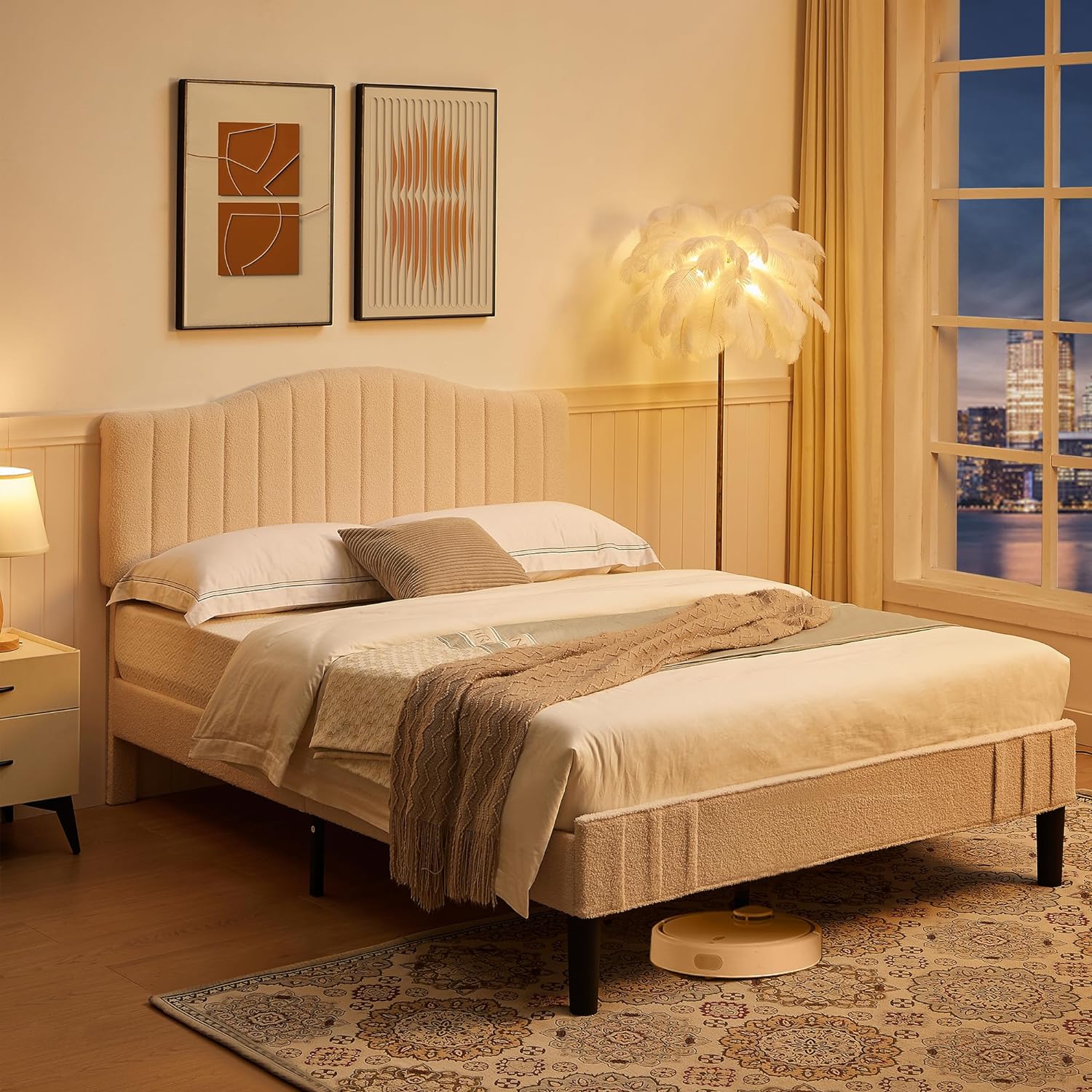 VECELO Upholstered Platform Bed Frame with Sheepskin Fabric Adjustable Headboard/Strong Wood Slats Supports