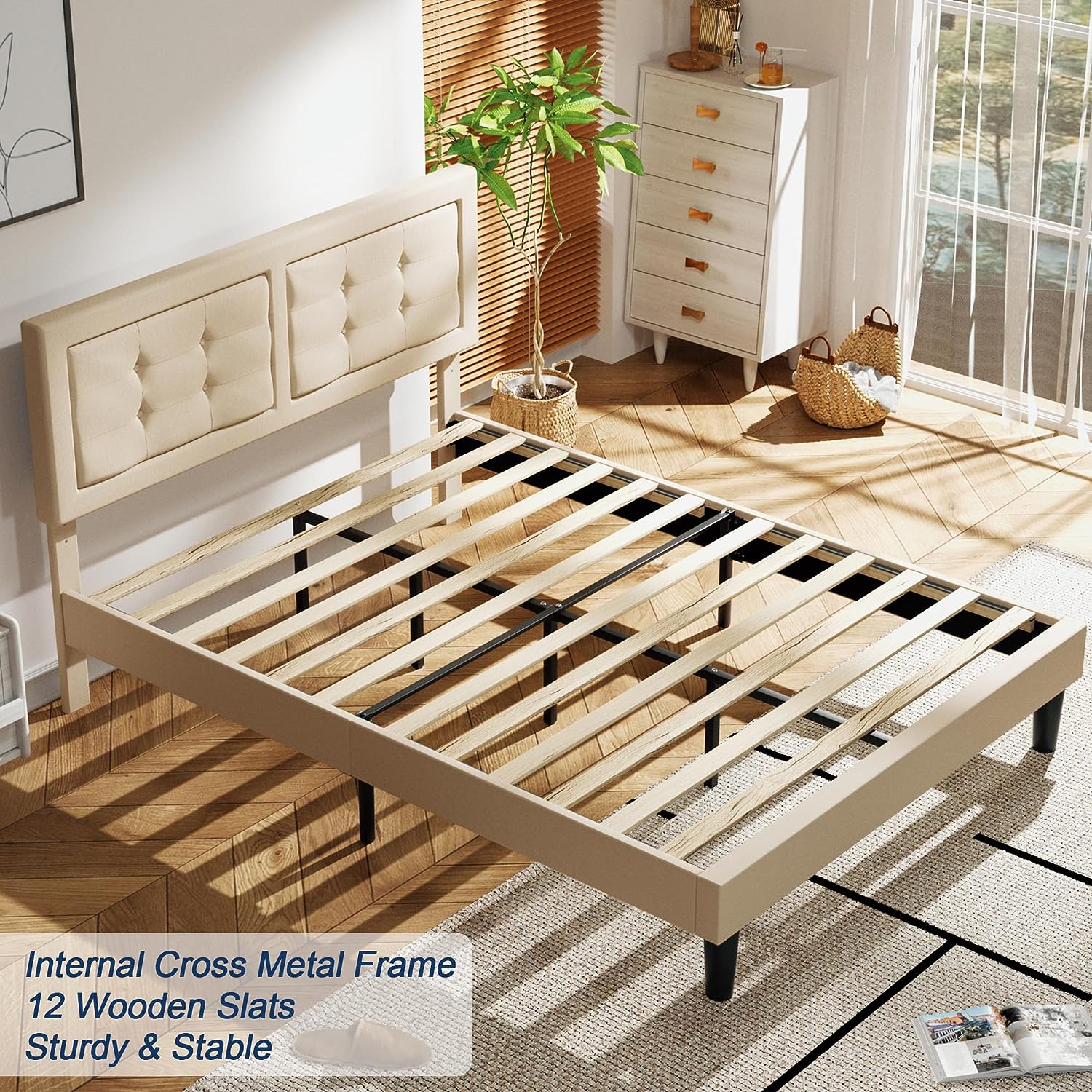 VECELO Upholstered Platform Bed Frame with Height Adjustable Headboard