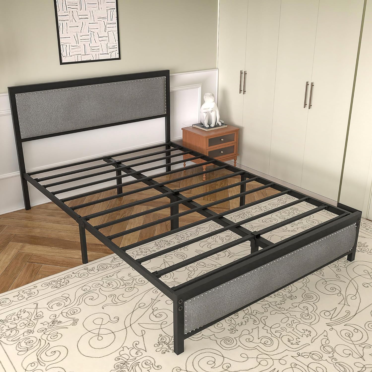 VECELO Bed Frame with Linen Fabric Headboard and Footboard No Box Spring Needed - VECELO