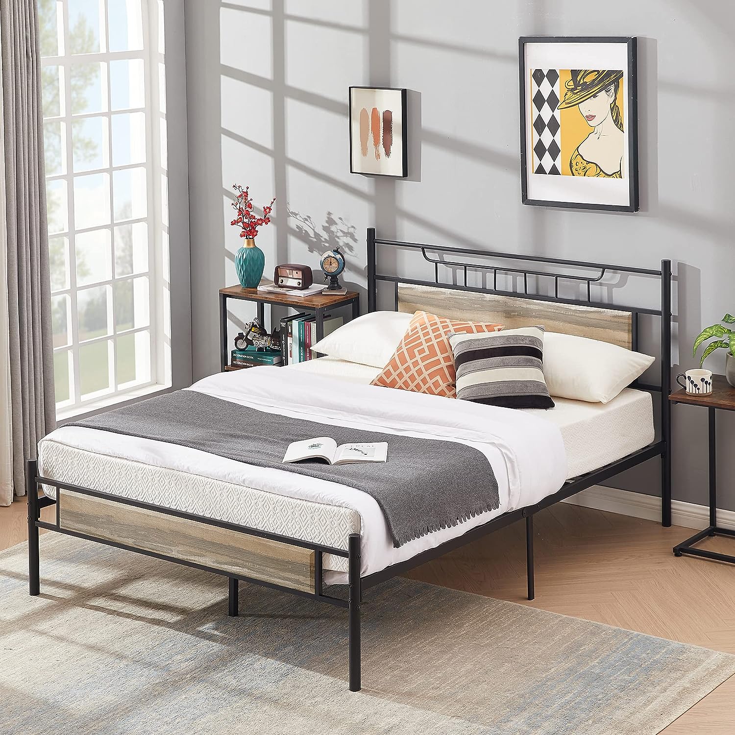 VECELO Platform Bed Frame with Wood Headboard No Box Spring Needed Heavy Duty Steel Slat