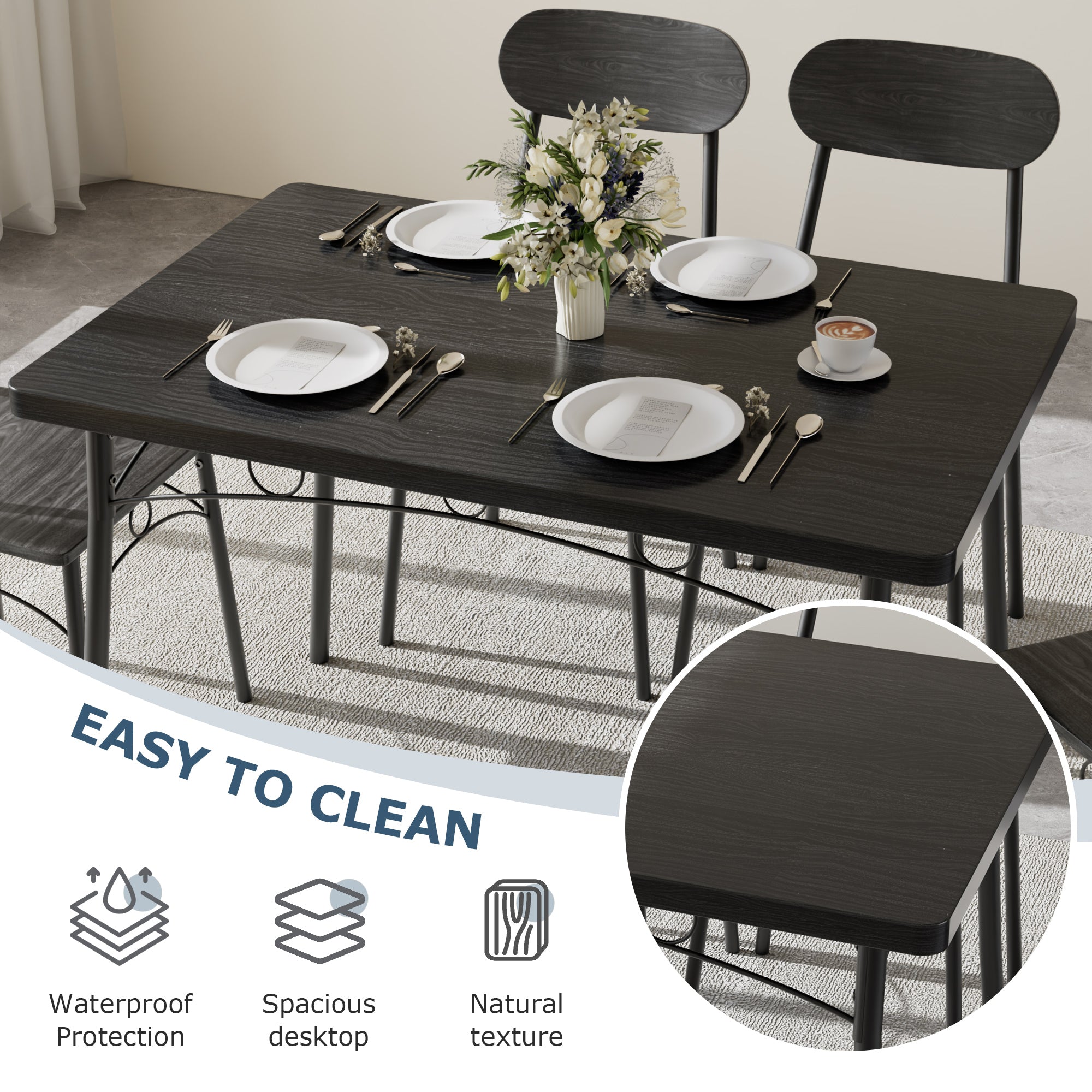 VECELO Farmhouse Style 5 Piece Dining Table Set Metal and Wood Rectangular Table with 4 Chairs - VECELO