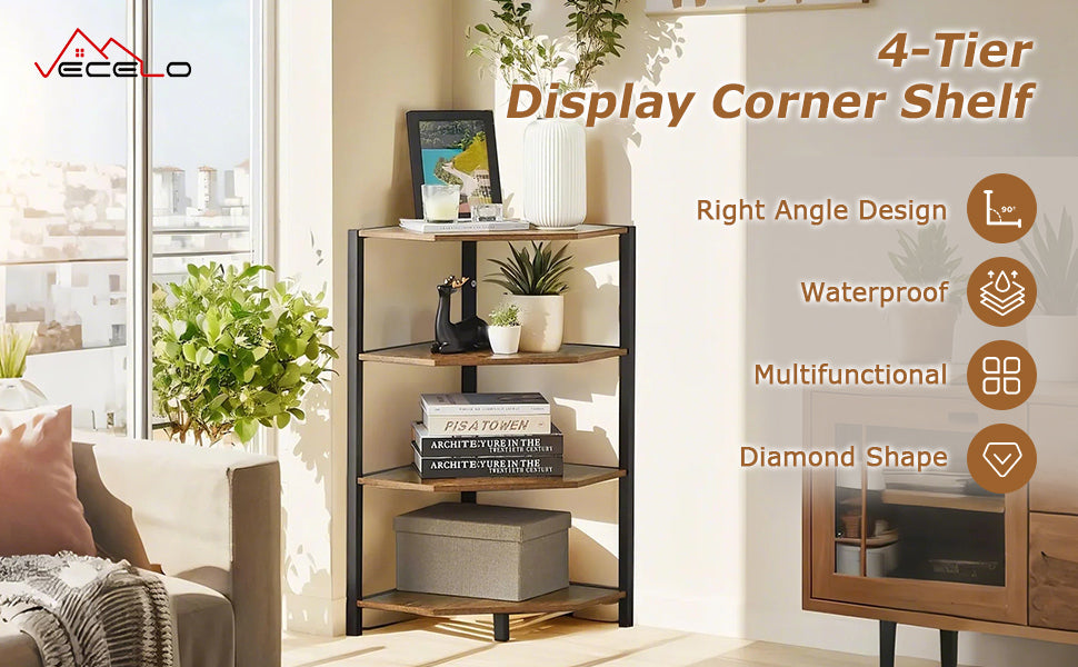 VECELO 31" Tall Corner Shelf/4-Tier Display Shelves with Metal Frame