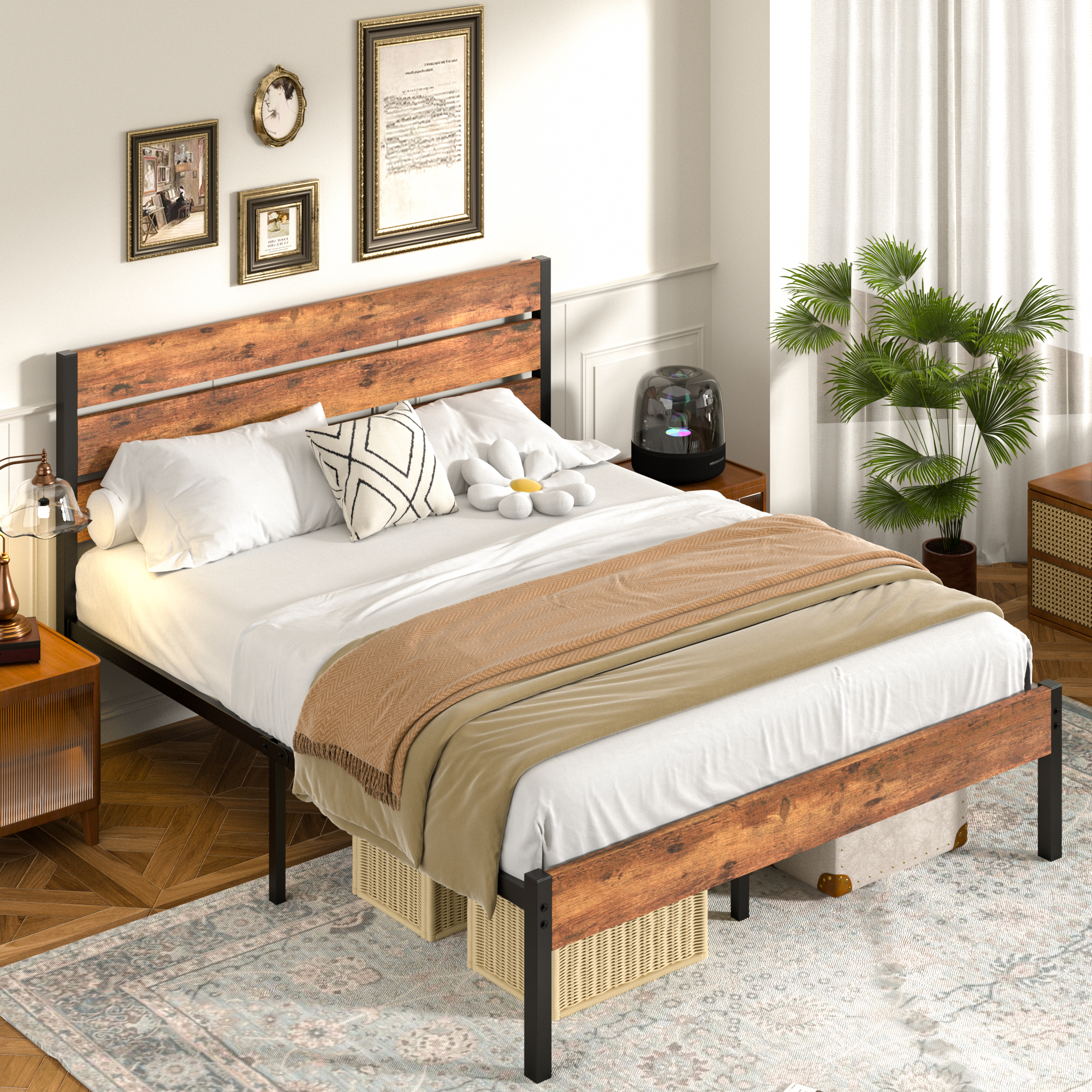 VECELO Platform Bed Frame with Rustic Vintage Wood Headboard/Strong Metal Slats Support