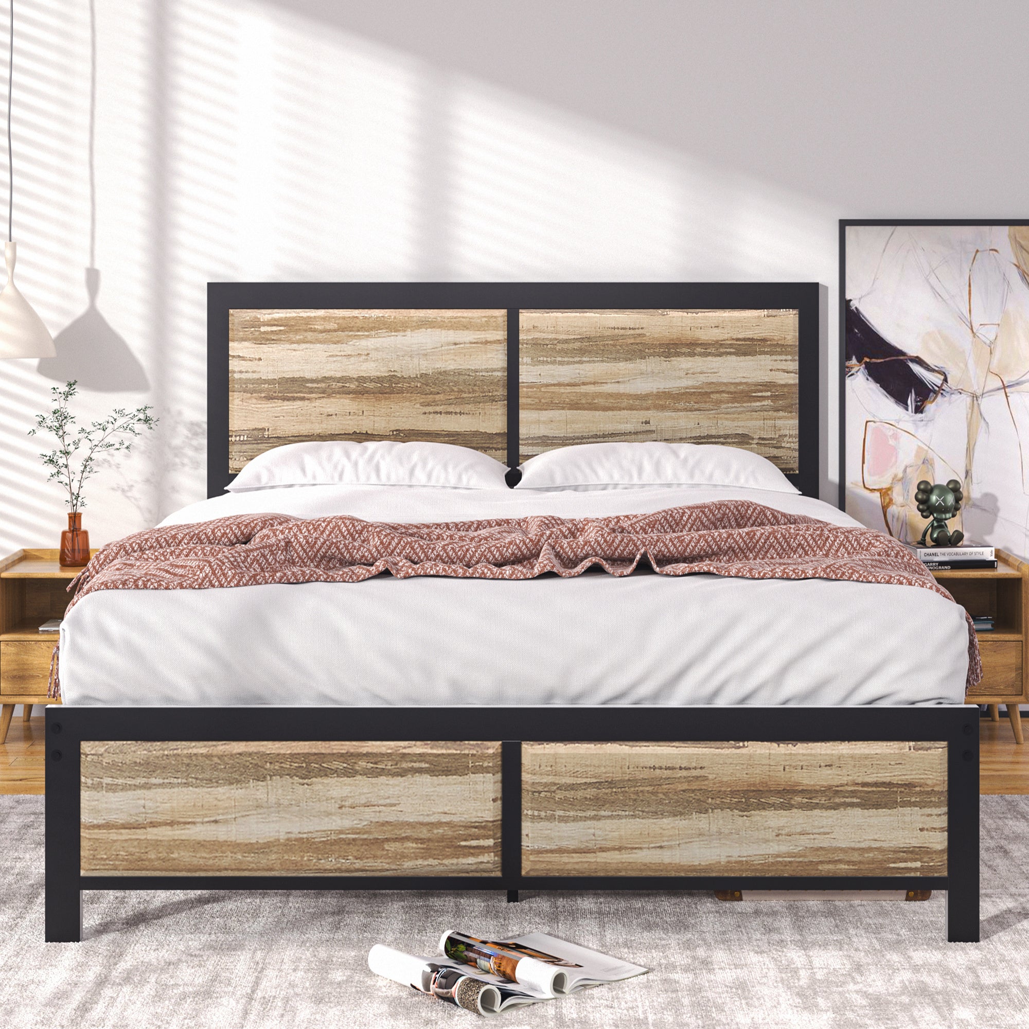 VECELO Platform Bed Frame, Mattress Foundation with Rustic Vintage Wood Headboard