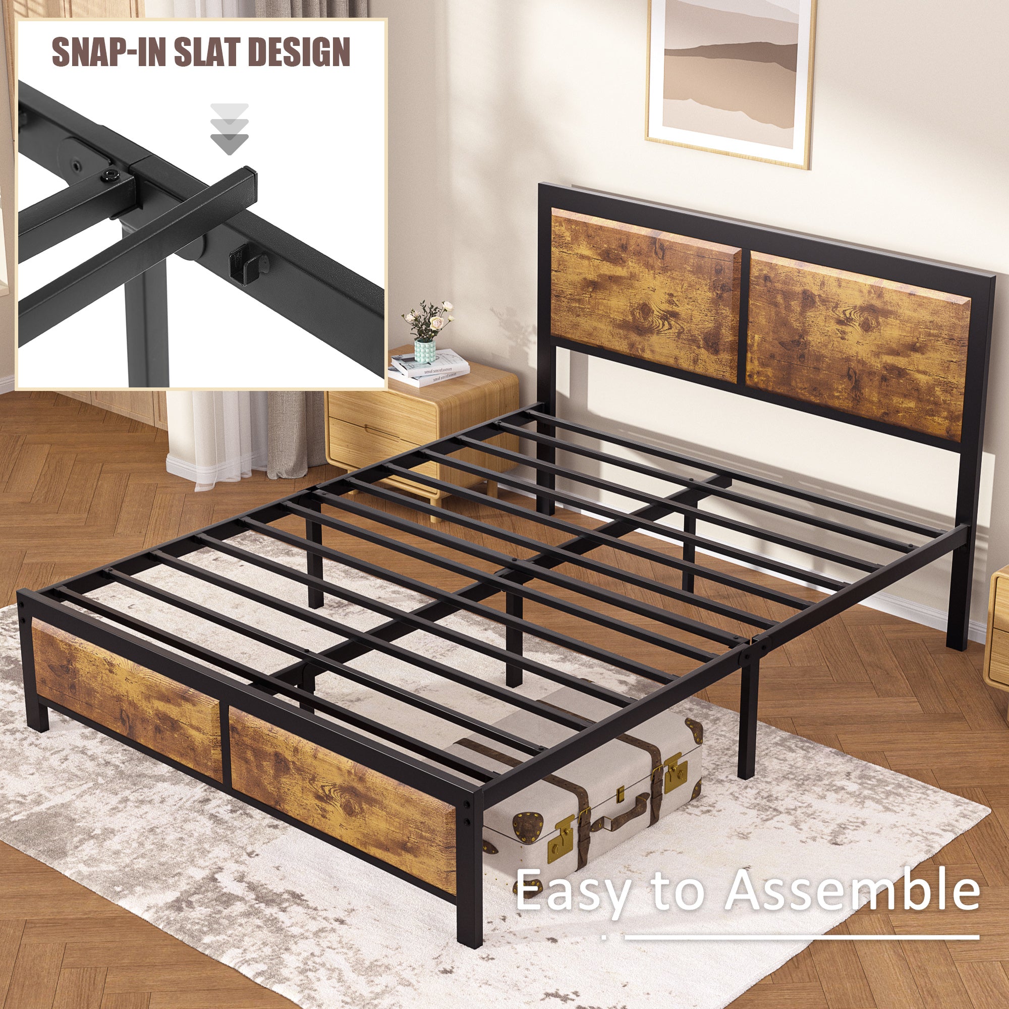 VECELO Platform Bed Frame, Mattress Foundation with Rustic Vintage Wood Headboard