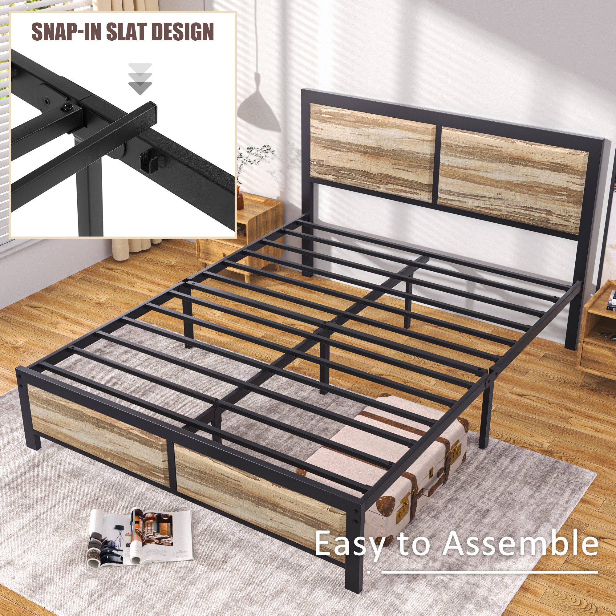 VECELO Platform Bed Frame, Mattress Foundation with Rustic Vintage Wood Headboard