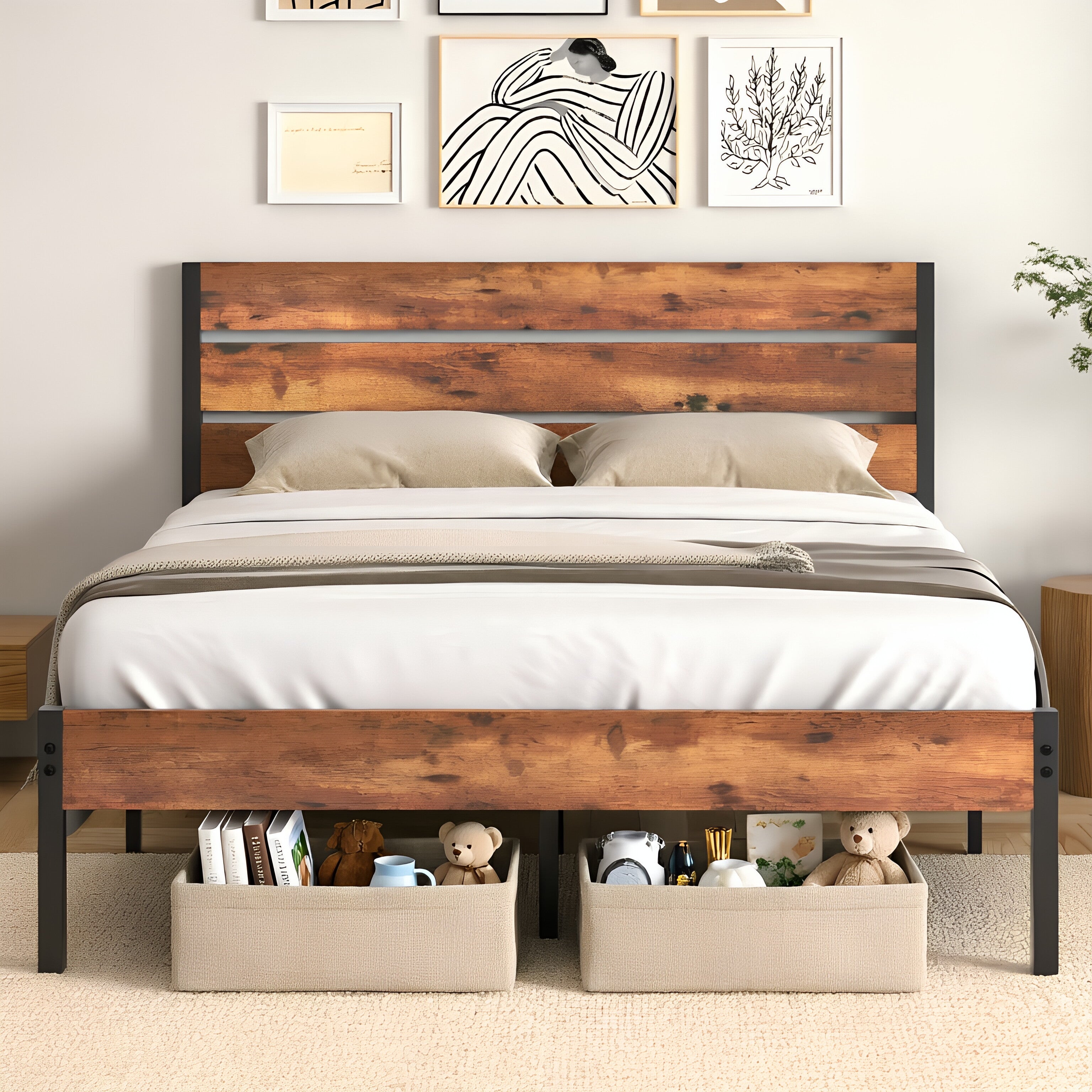 VECELO Platform Bed Frame with Rustic Vintage Wood Headboard/Strong Metal Slats Support