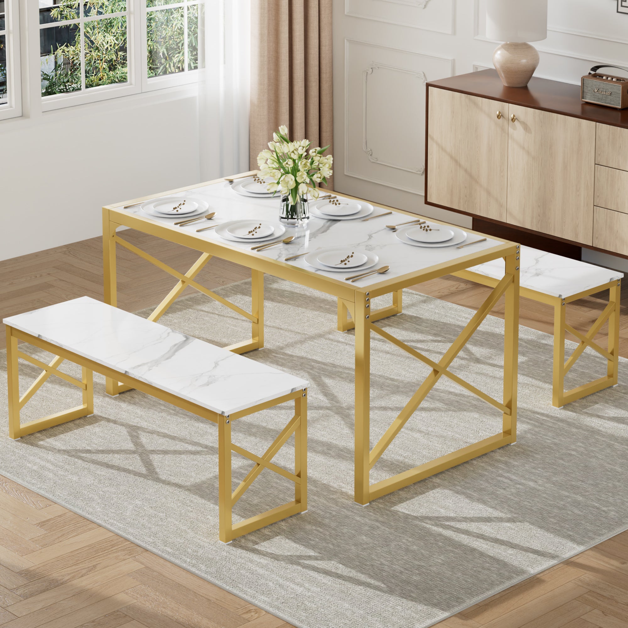 VECELO Kitchen Table with 2 Benches for 4 - VECELO