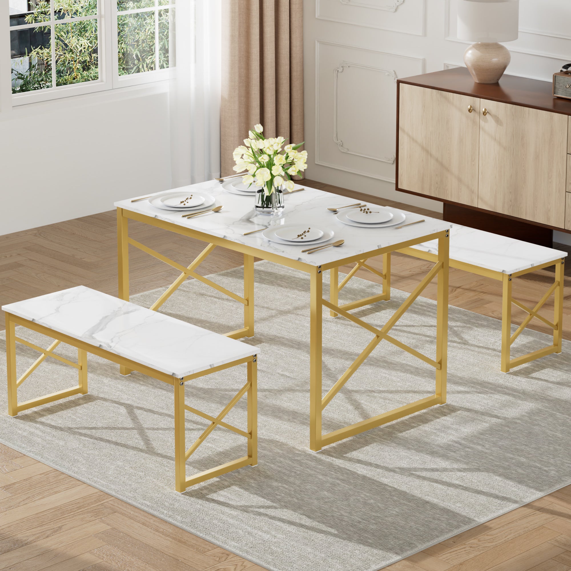 VECELO Kitchen Table with 2 Benches for 4 - VECELO