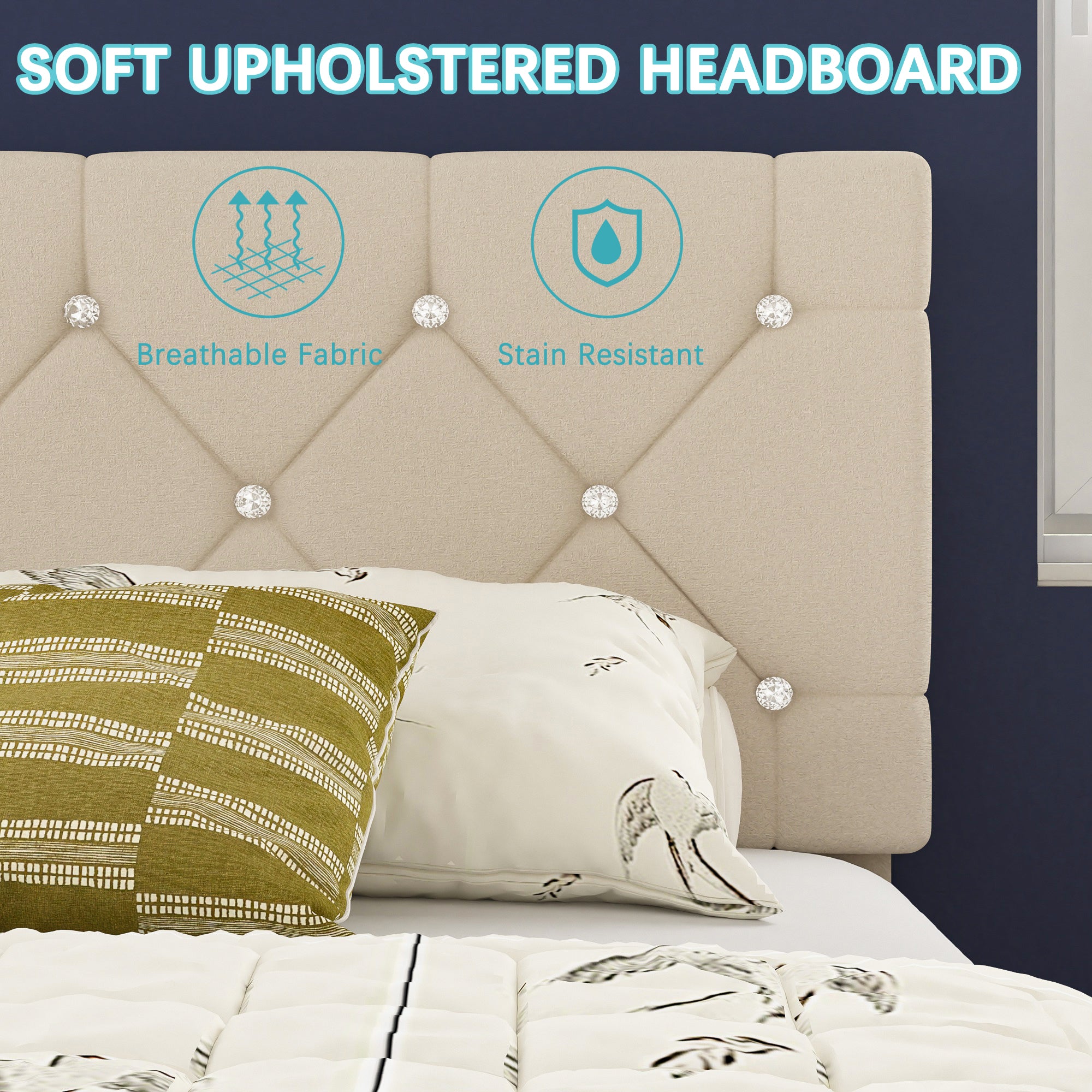 VECELO Twin Size Bed Frame, Upholstered Platform with Adjustable Diamond Tufted Headboard