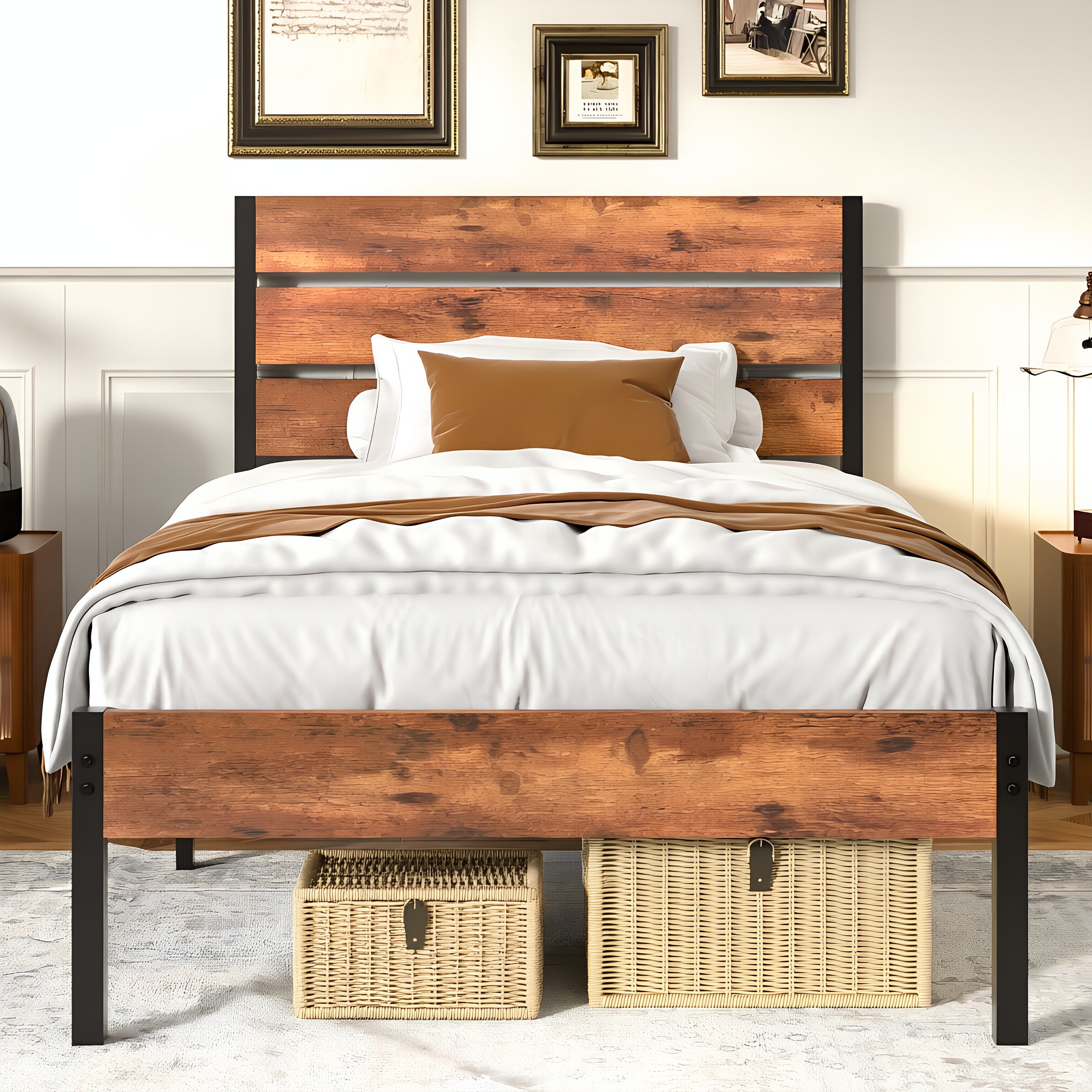 VECELO Platform Bed Frame with Rustic Vintage Wood Headboard/Strong Metal Slats Support