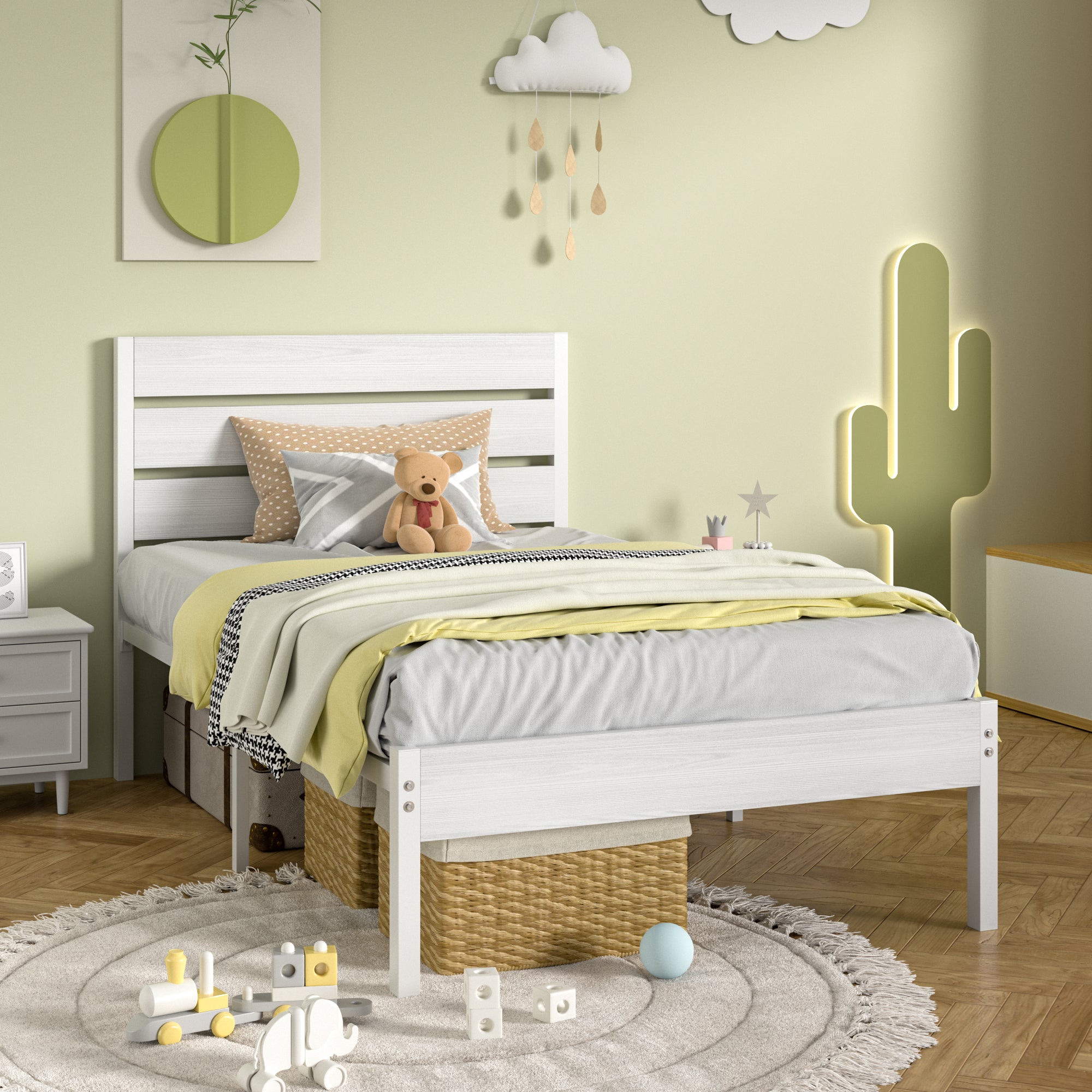 VECELO Platform Bed Frame with Rustic Vintage Wood Headboard/Strong Metal Slats Support